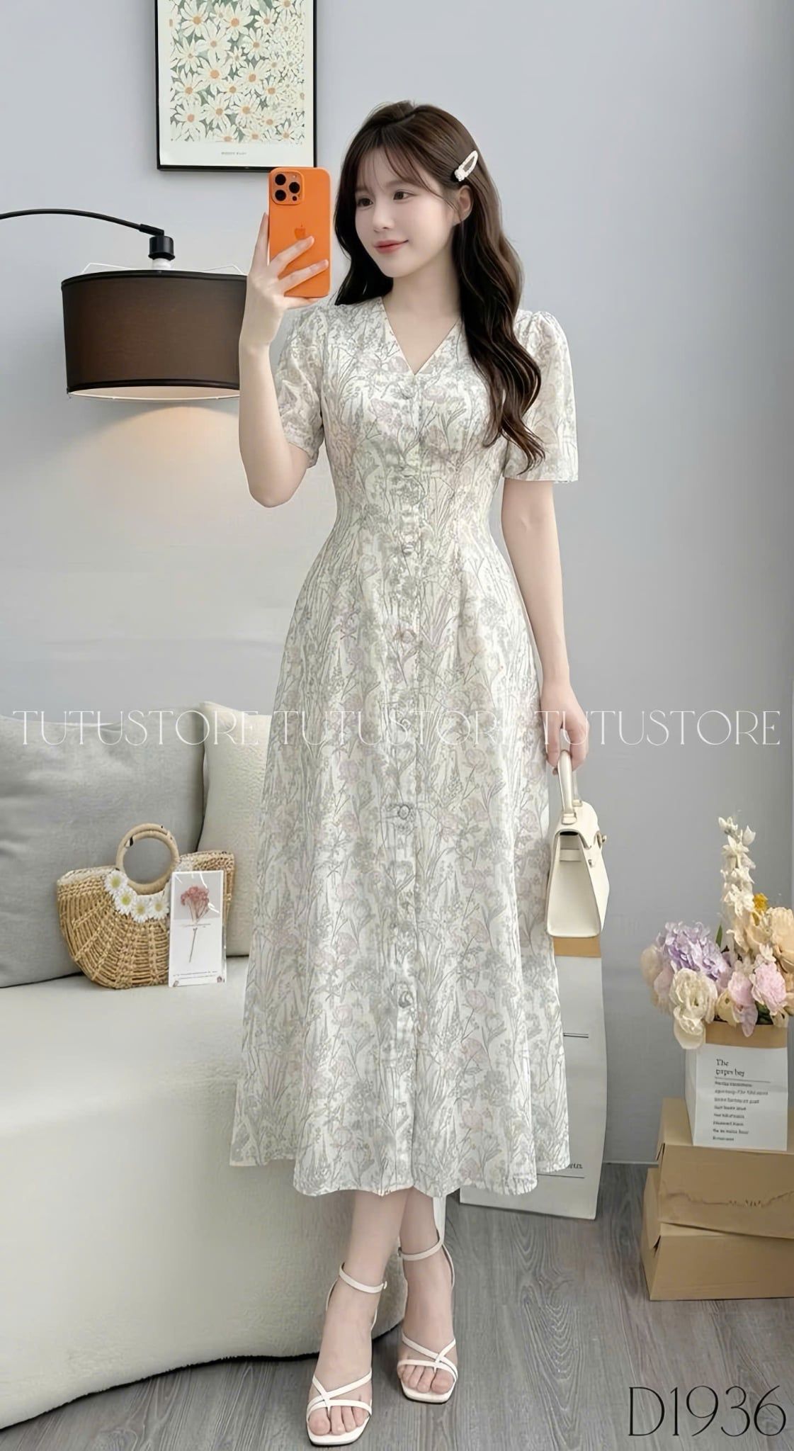 Đầm Thiết Kế Cổ Tim Dáng Chữ A Họa Tiết Hoa Nhẹ Nhàng Đầm Đi Tiệc TuTu Store Mã D1936