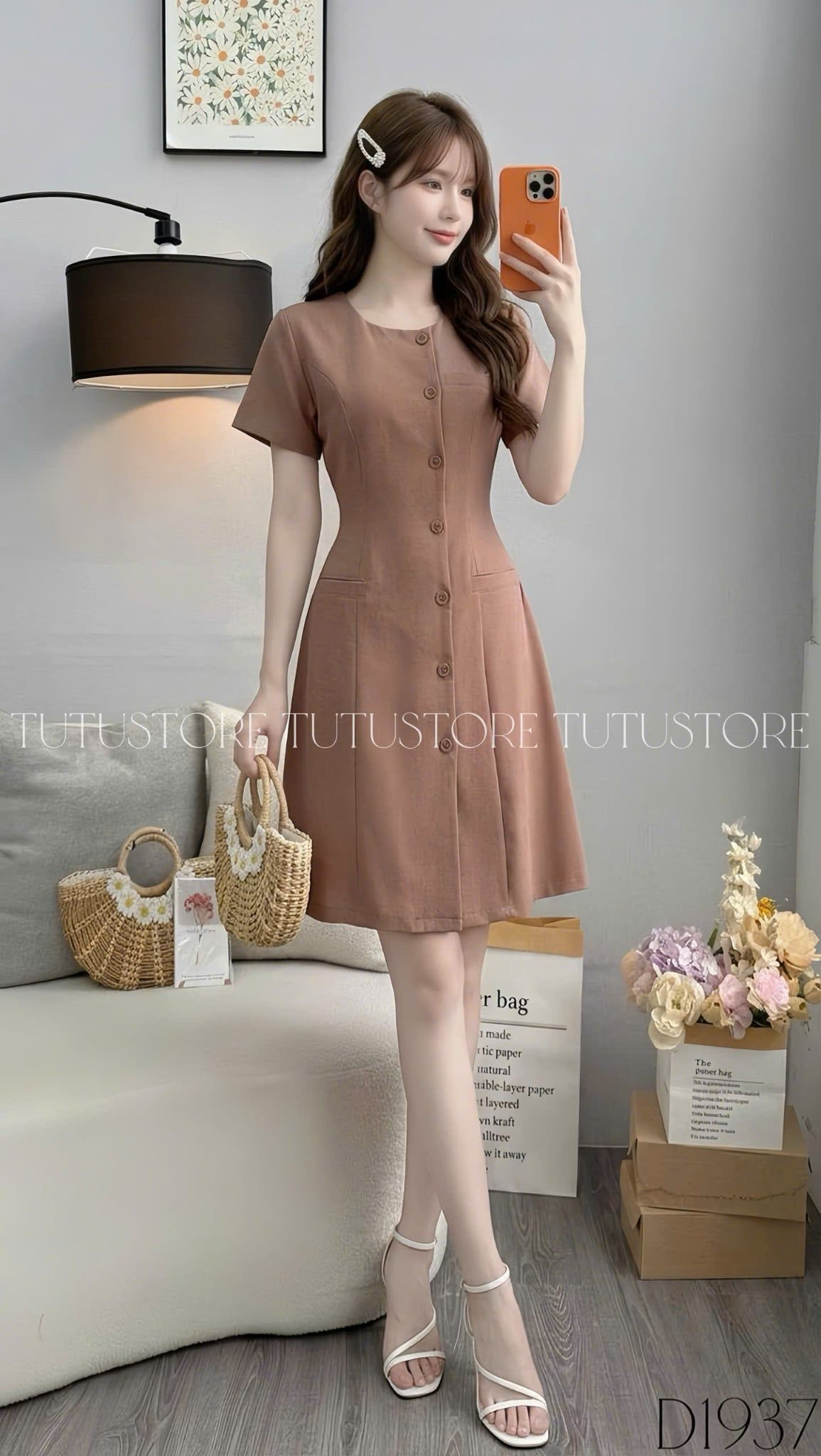 Đầm Thiết Kế Cổ Tròn Đính Nút Dáng Ngắn Basic Đầm Đi Tiệc TuTu Store Mã D1937