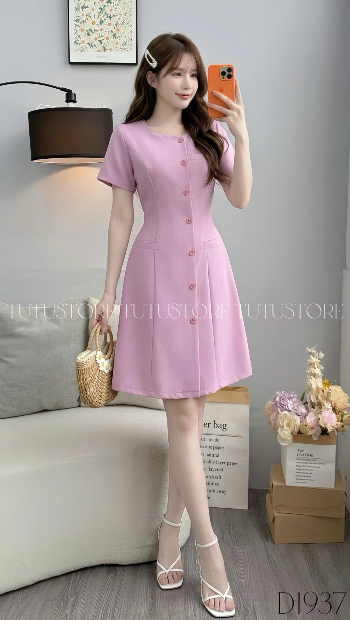 Đầm Thiết Kế Cổ Tròn Đính Nút Dáng Ngắn Basic Đầm Đi Tiệc TuTu Store Mã D1937