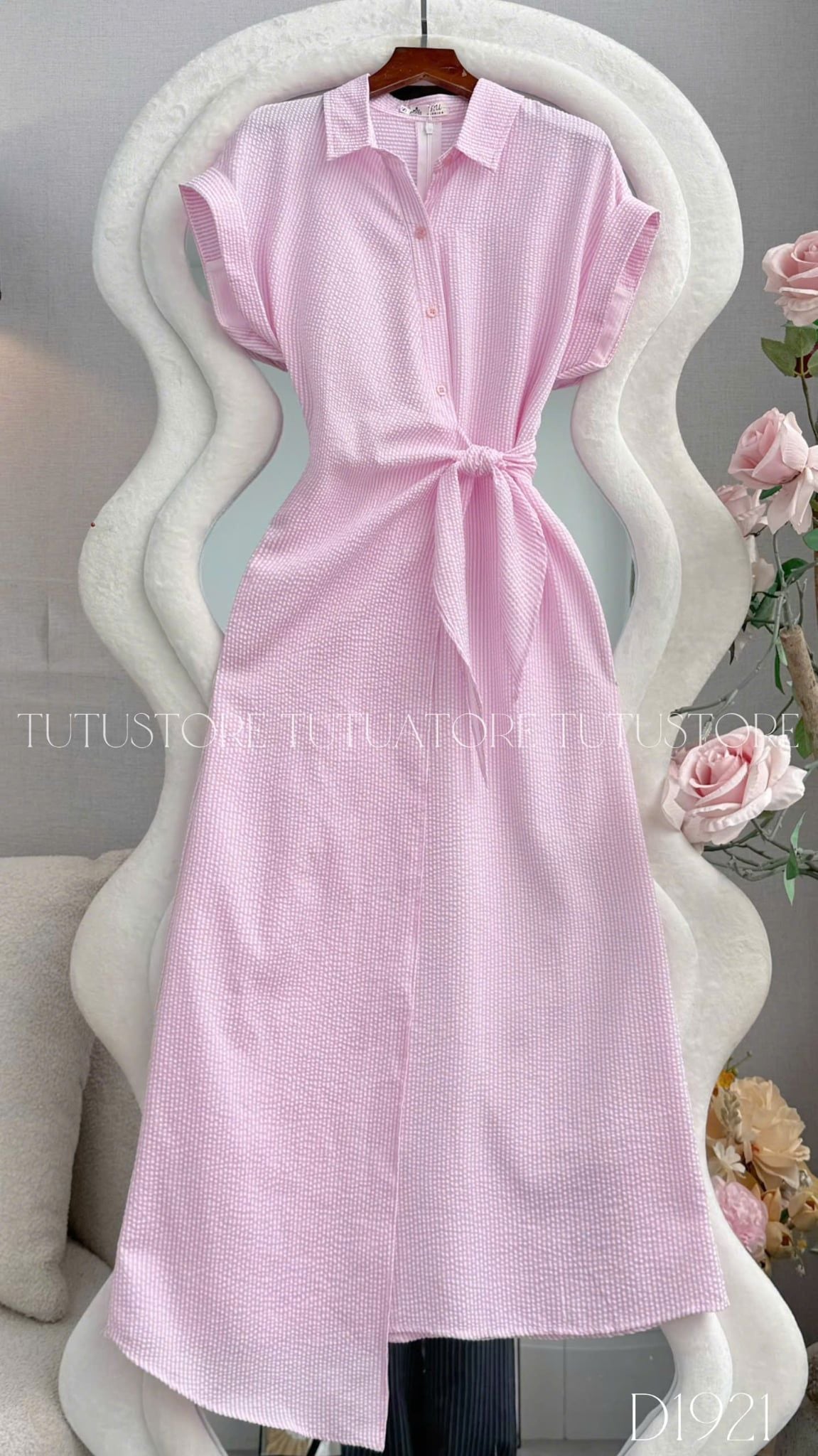 Đầm Thiết Kế Buộc Eo Cổ Áo Sơ Mi Kẻ Sọc Dáng Dài Đi Tiệc TuTu Store Mã D1921