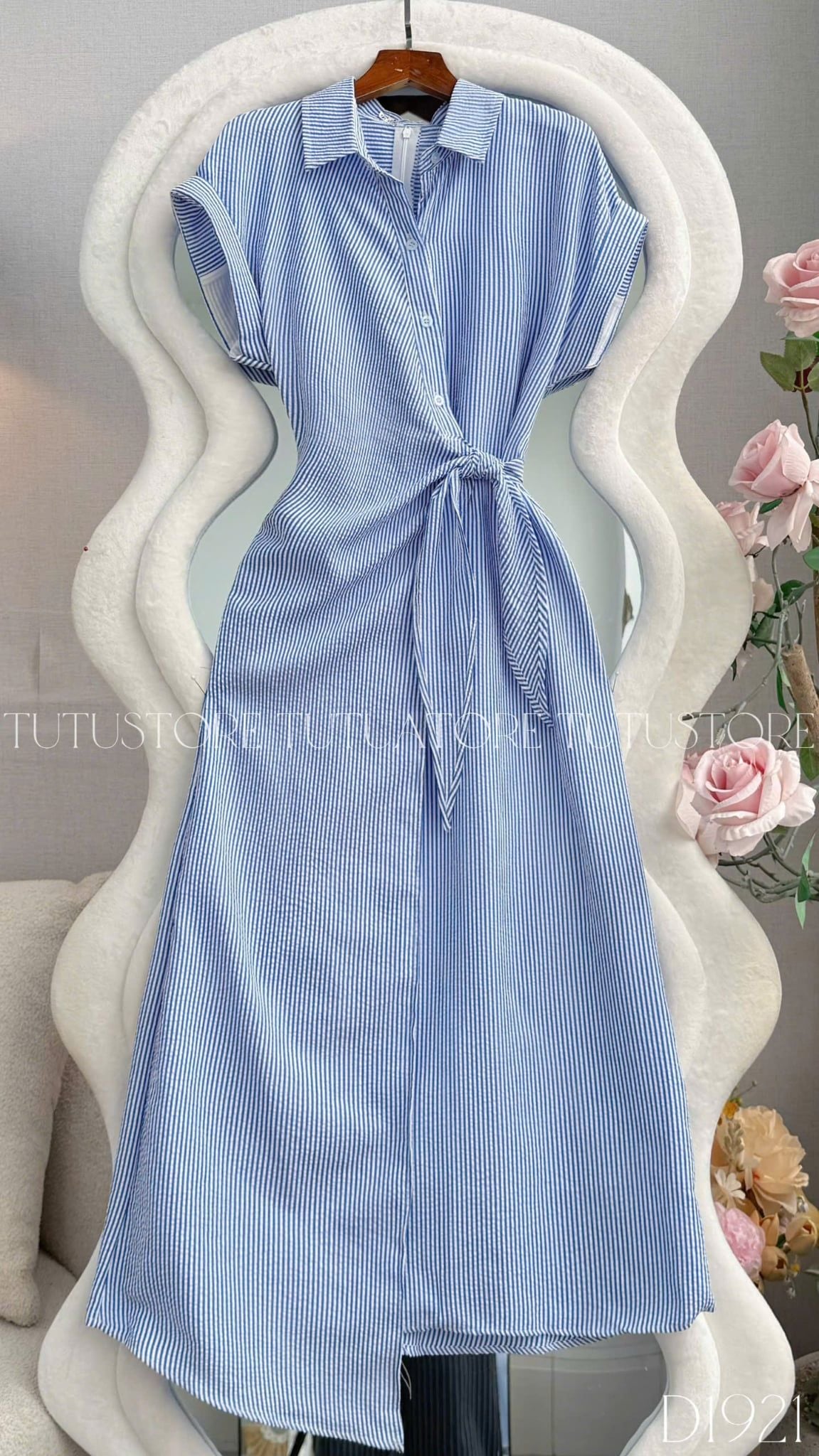 Đầm Thiết Kế Buộc Eo Cổ Áo Sơ Mi Kẻ Sọc Dáng Dài Đi Tiệc TuTu Store Mã D1921