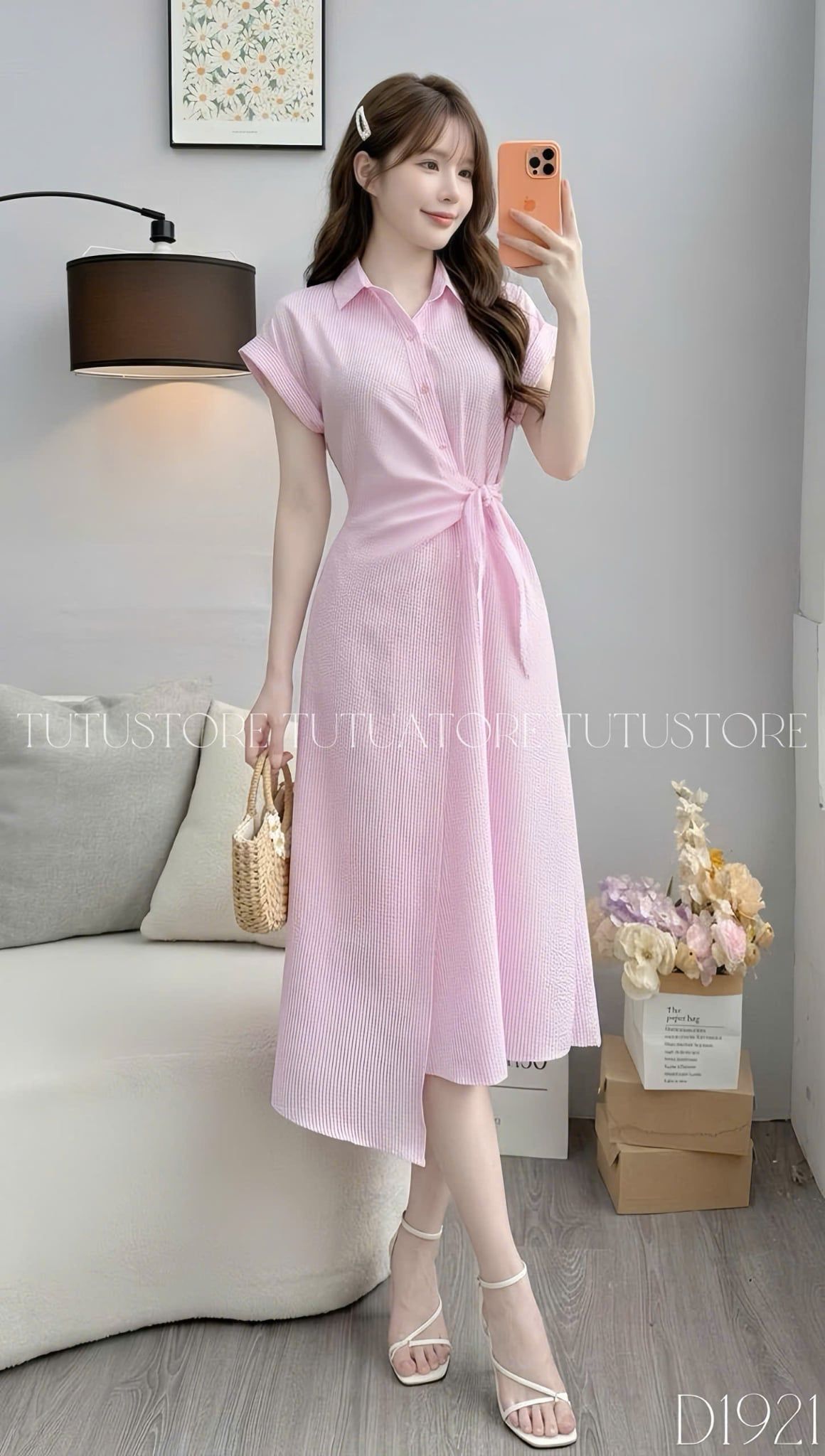 Đầm Thiết Kế Buộc Eo Cổ Áo Sơ Mi Kẻ Sọc Dáng Dài Đi Tiệc TuTu Store Mã D1921