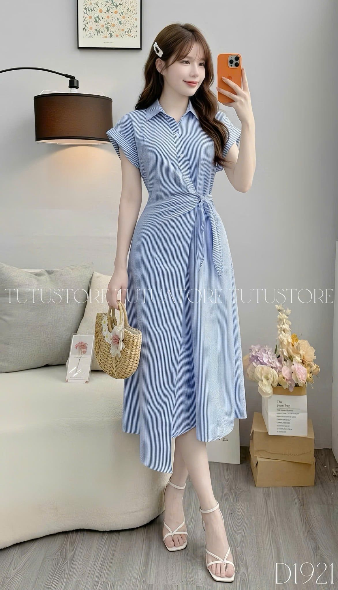 Đầm Thiết Kế Buộc Eo Cổ Áo Sơ Mi Kẻ Sọc Dáng Dài Đi Tiệc TuTu Store Mã D1921