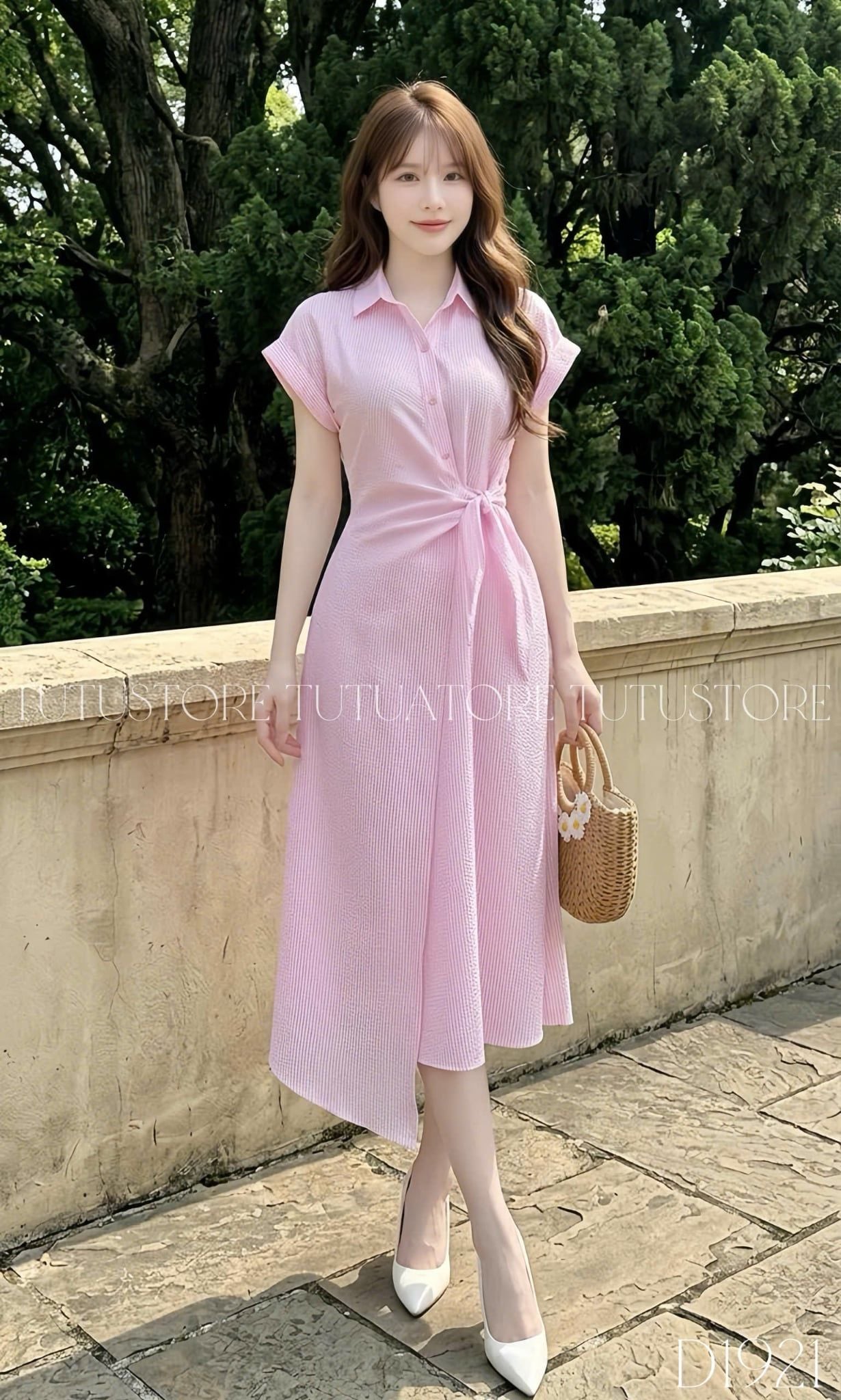Đầm Thiết Kế Buộc Eo Cổ Áo Sơ Mi Kẻ Sọc Dáng Dài Đi Tiệc TuTu Store Mã D1921