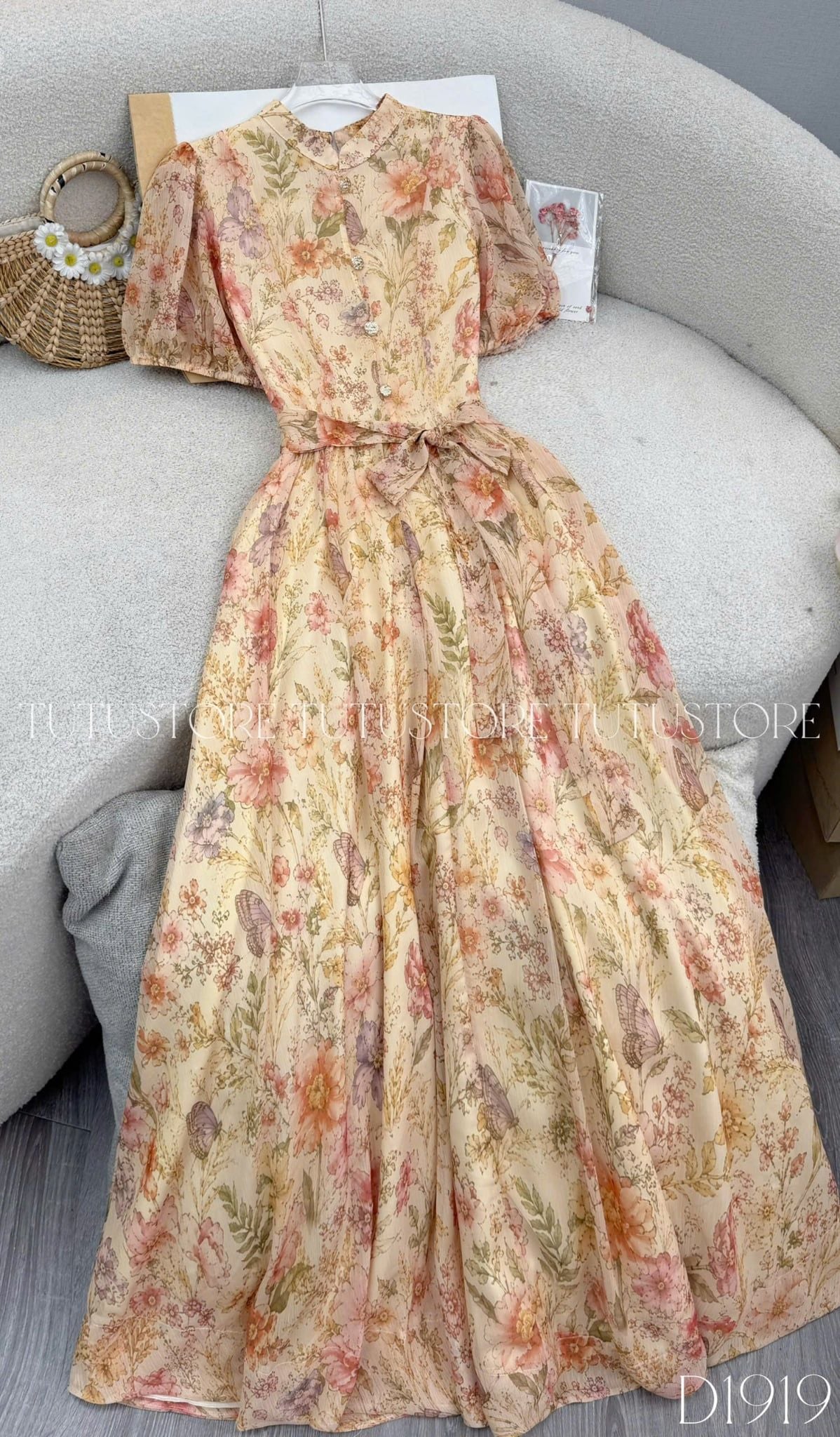 Đầm Thiết Kế Thắt Nơ Eo Cổ Tròn Tay Dài Dáng Xòe Đi Tiệc TuTu Store Mã D1919