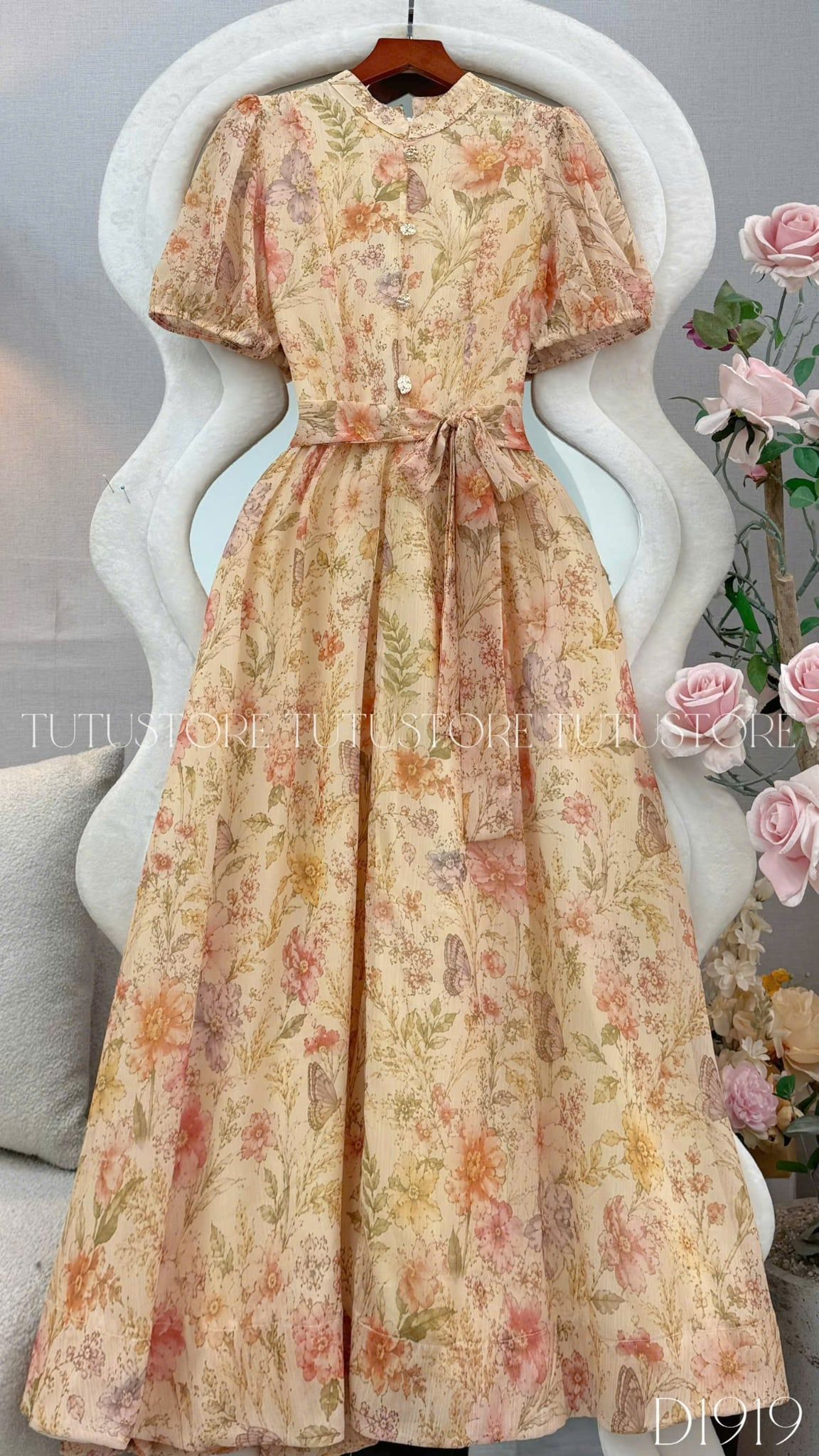 Đầm Thiết Kế Thắt Nơ Eo Cổ Tròn Tay Dài Dáng Xòe Đi Tiệc TuTu Store Mã D1919