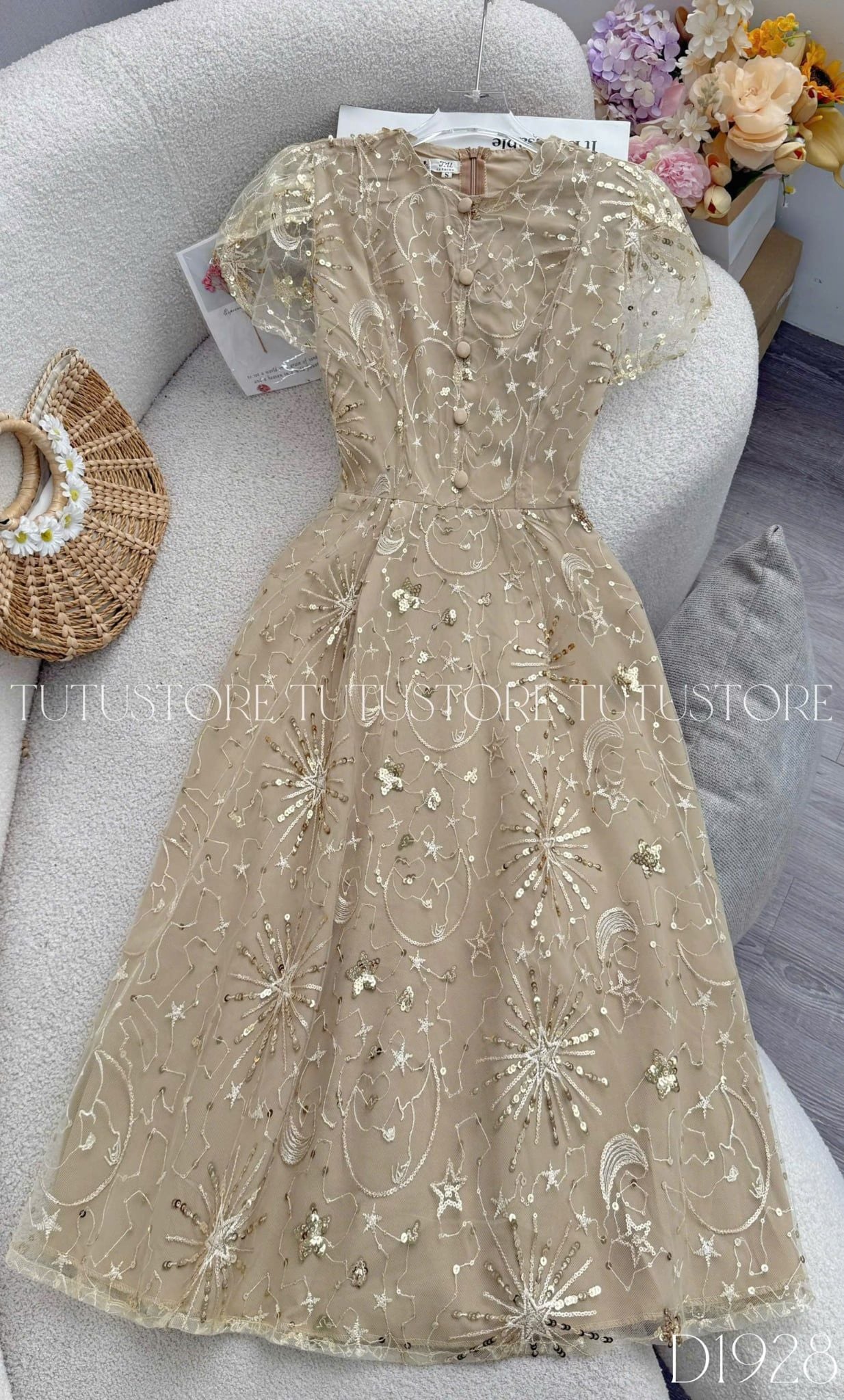 Đầm Thiết Kế Cổ Tròn Đính Kim Sa Dáng Xòe Đầm Đi Tiệc TuTu Store Mã D1928