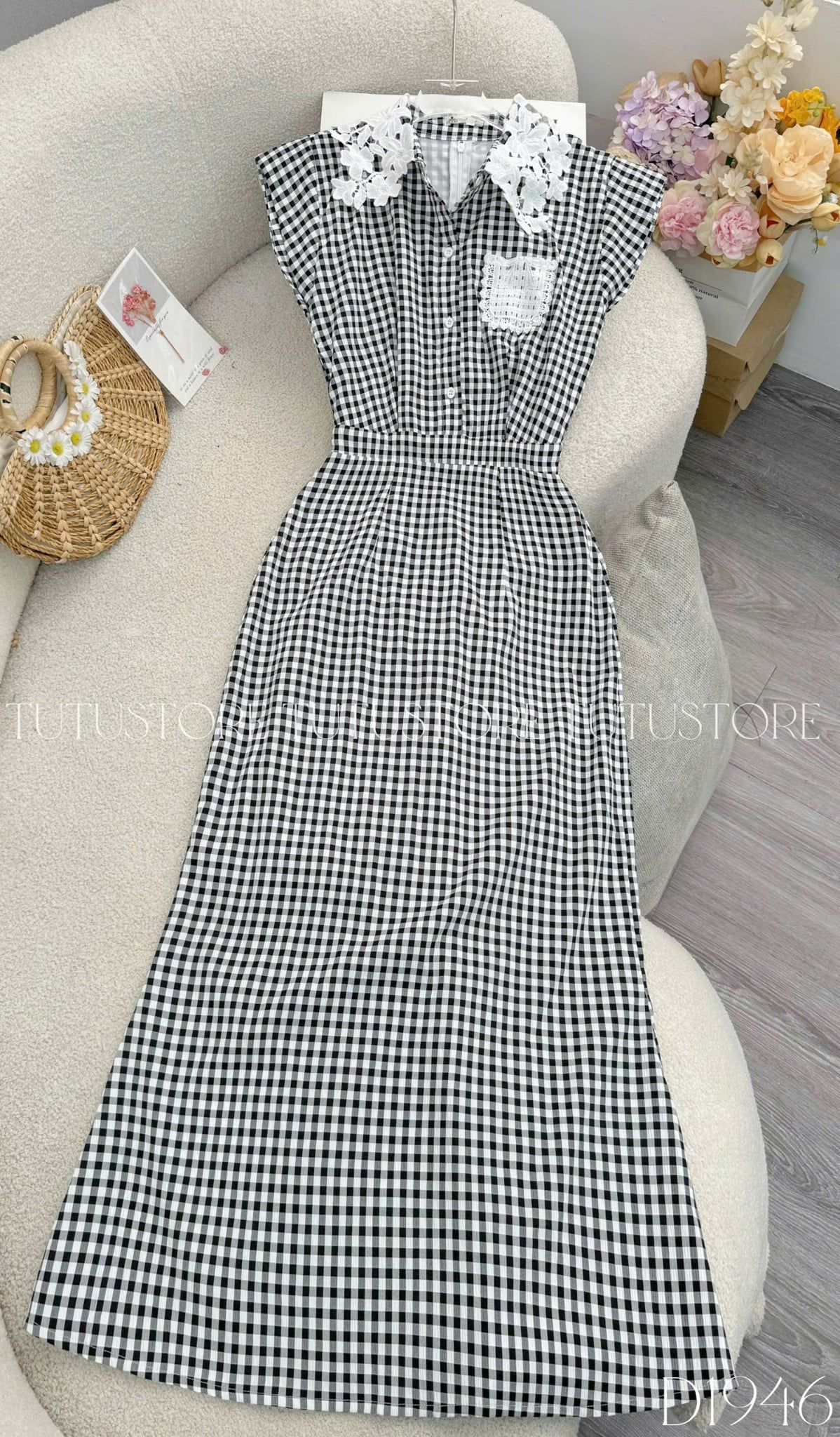 Đầm Thiết Kế Cổ Áo Sơ Mi Chiết Eo Kiểu Caro Dáng Dài Đi Tiệc TuTu Store Mã D1946