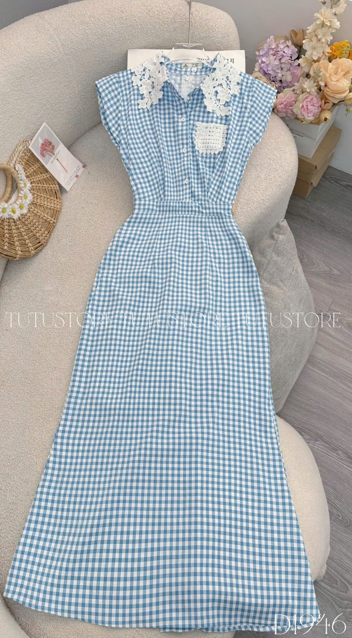 Đầm Thiết Kế Cổ Áo Sơ Mi Chiết Eo Kiểu Caro Dáng Dài Đi Tiệc TuTu Store Mã D1946