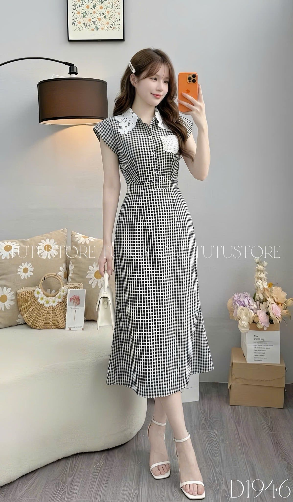 Đầm Thiết Kế Cổ Áo Sơ Mi Chiết Eo Kiểu Caro Dáng Dài Đi Tiệc TuTu Store Mã D1946