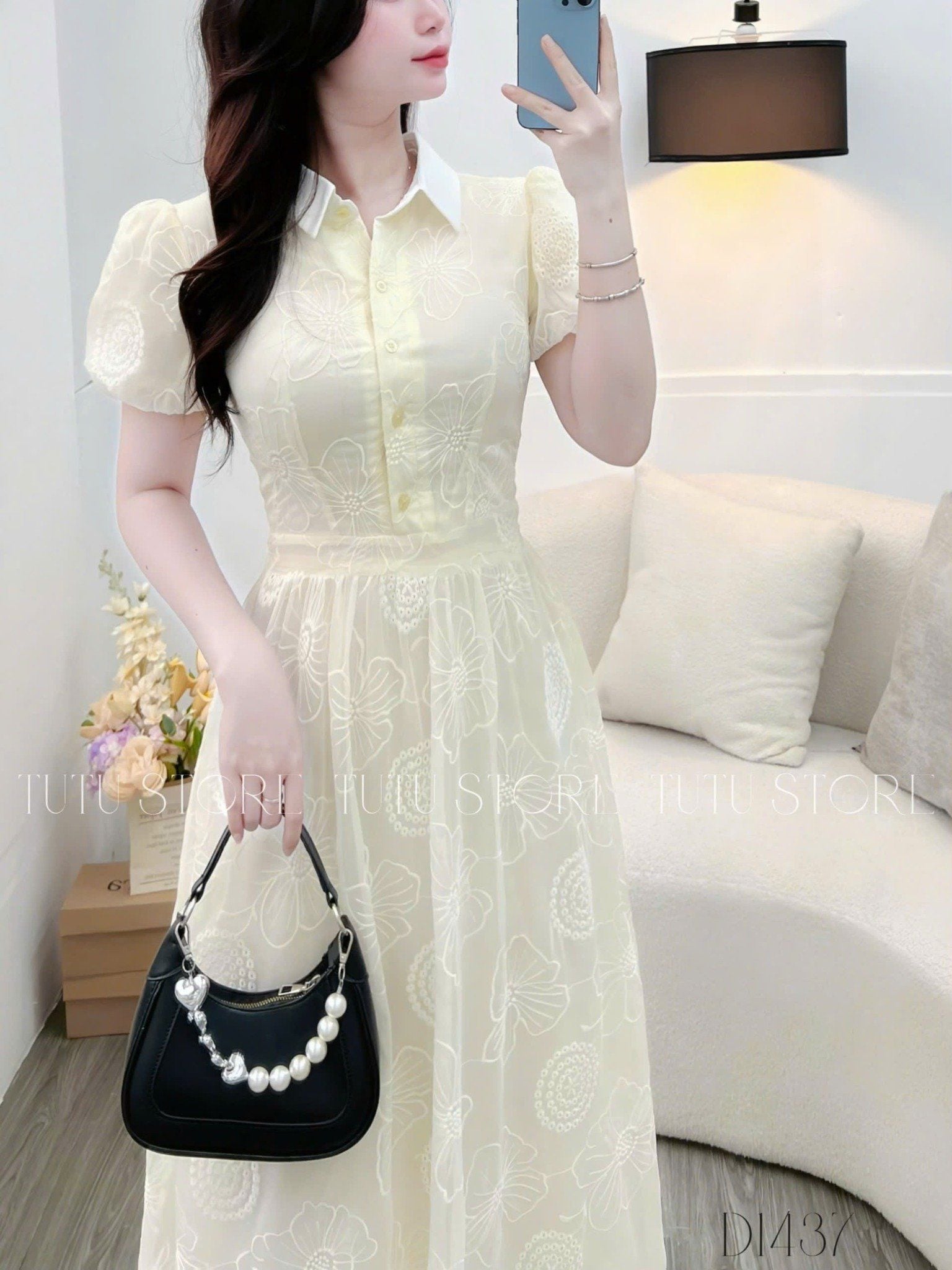 Đầm Tơ Thêu Cổ Sơ Mi Thiết Kế TuTu Store Phù Hợp Đi Chơi Dành Cho Nữ - Mã D1437