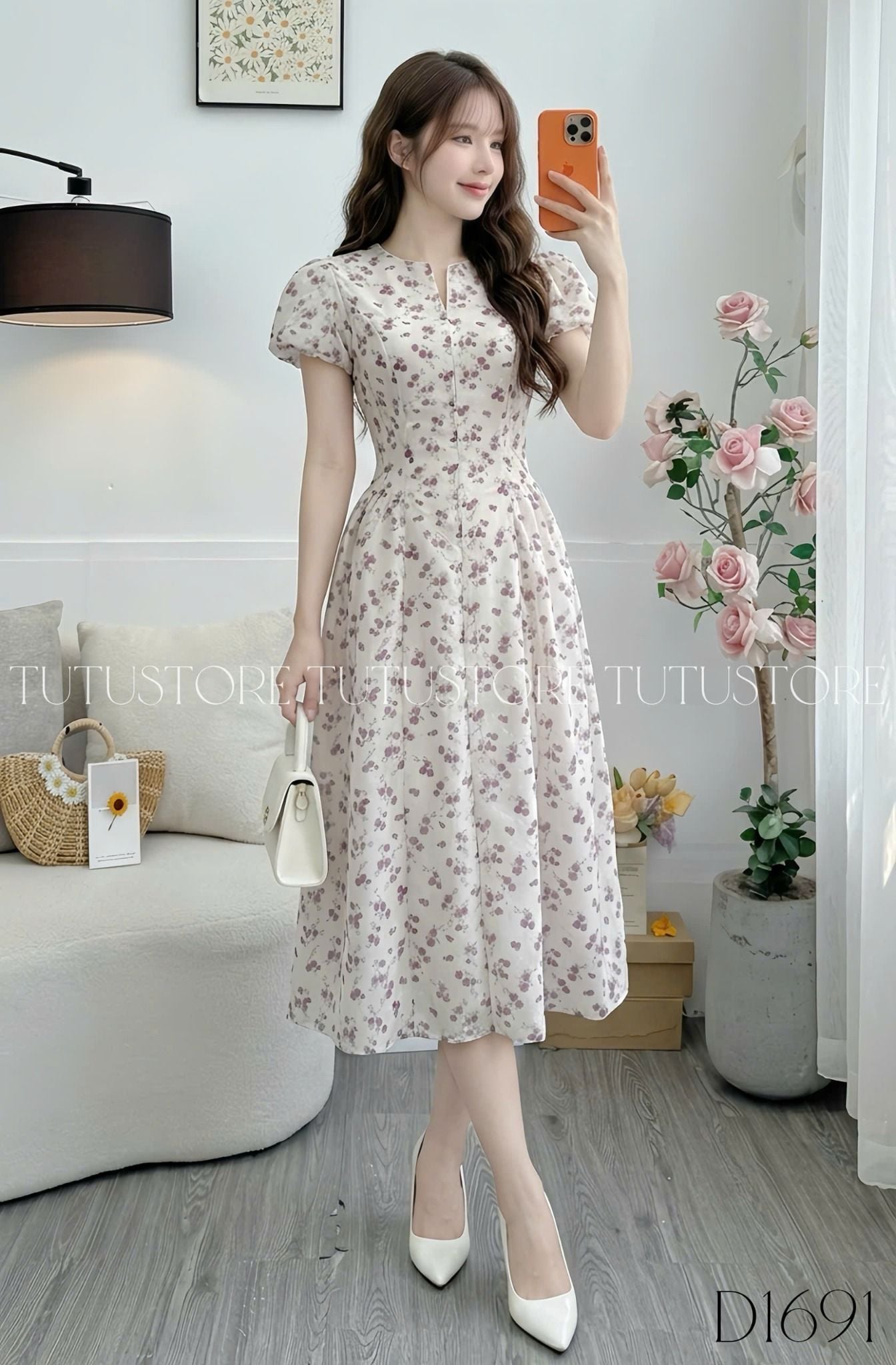 Đầm Hoa Thiết Kế Khóa Trước Dáng Xòe Tay Bí Bồng Xinh Đi Chơi TuTu Store Mã D1691