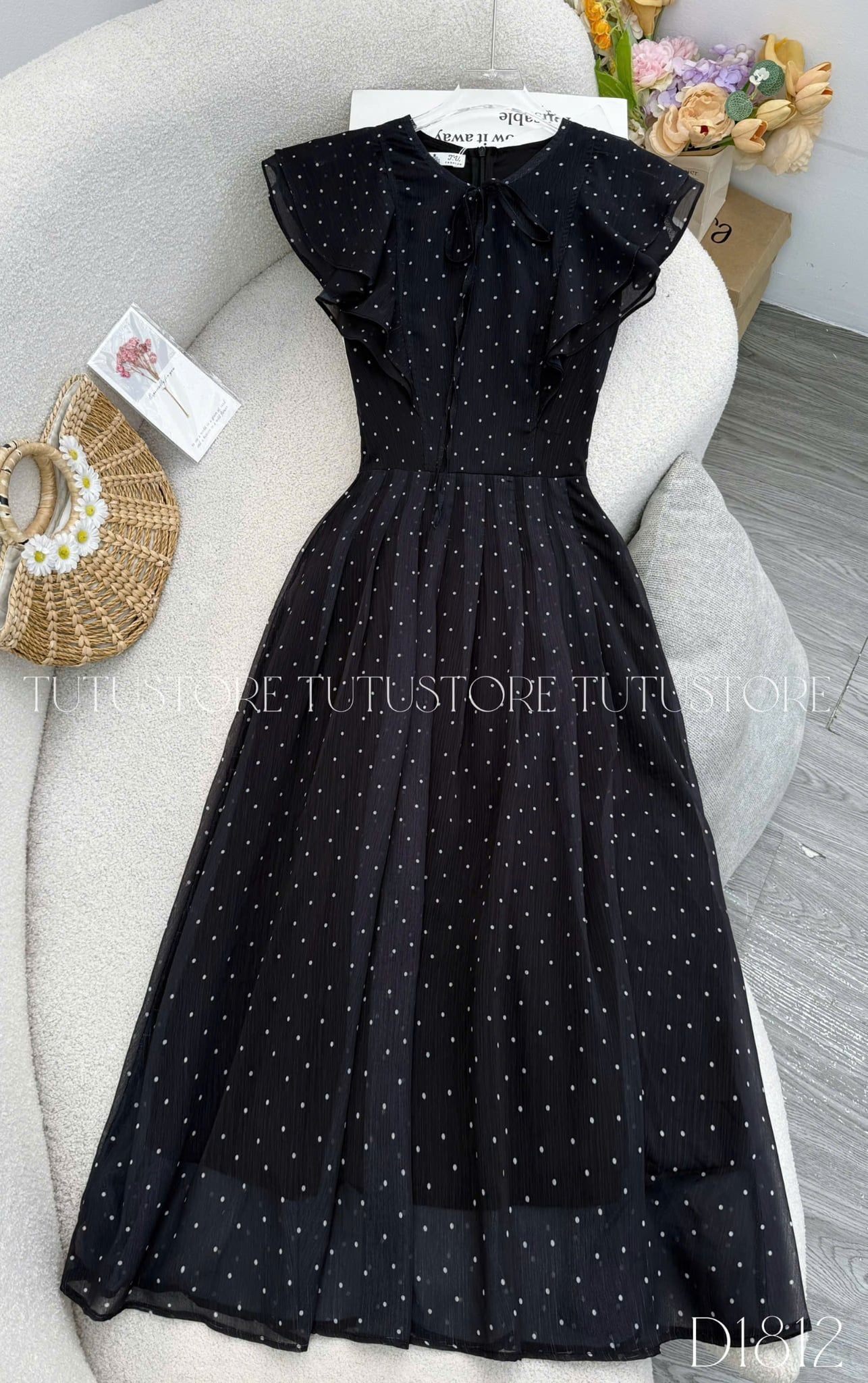 Đầm Thiết Kế Vai Bèo Cánh Tiên Dáng Xòe Chấm Bi Xinh Xắn Đi Chơi TuTu Store mã D1812