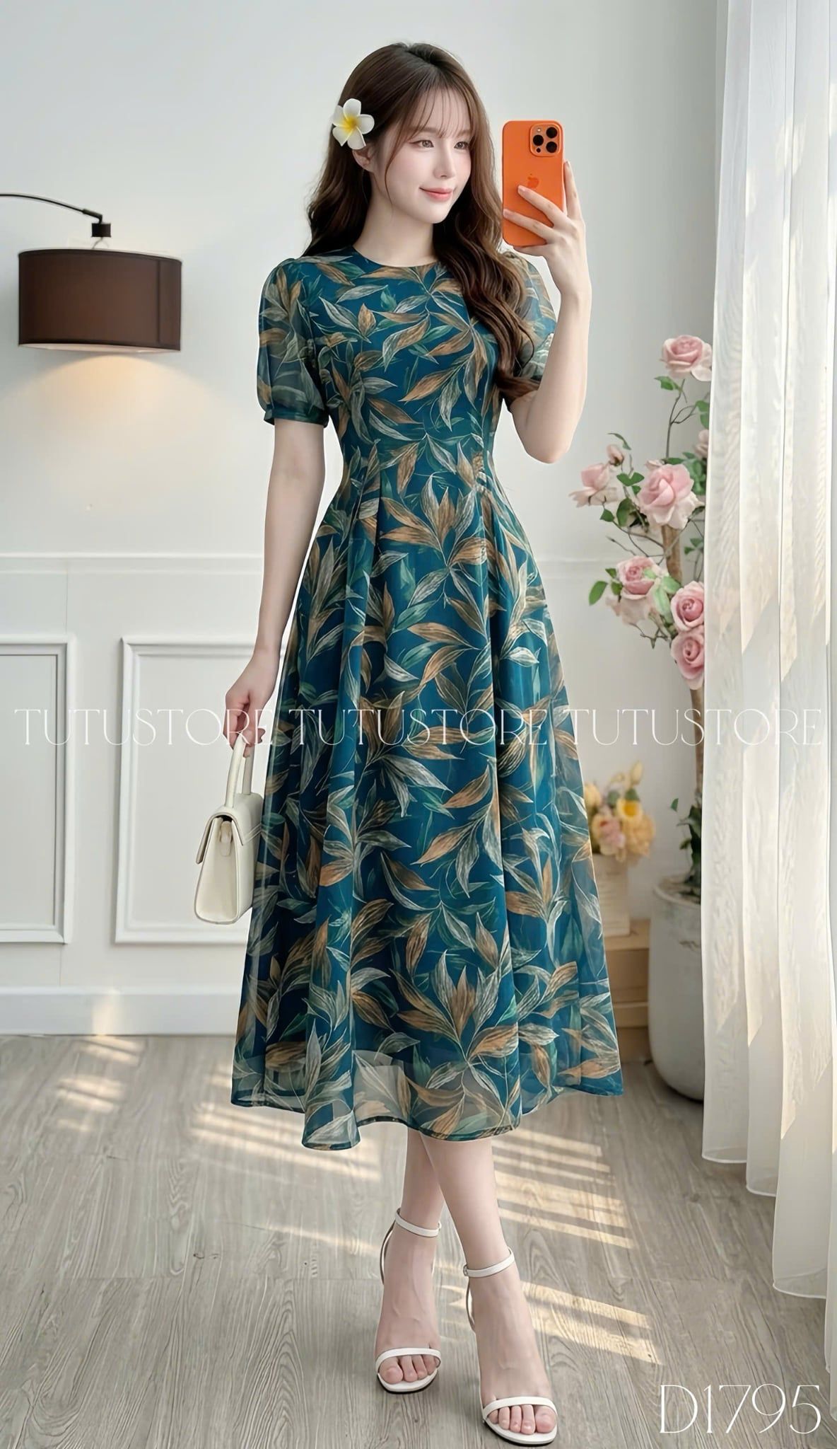 Đầm Thiết Kế Cổ Tròn Họa Tiết Lá Đa Sắc Dáng Xòe Đi Chơi TuTu Store Mã D1795