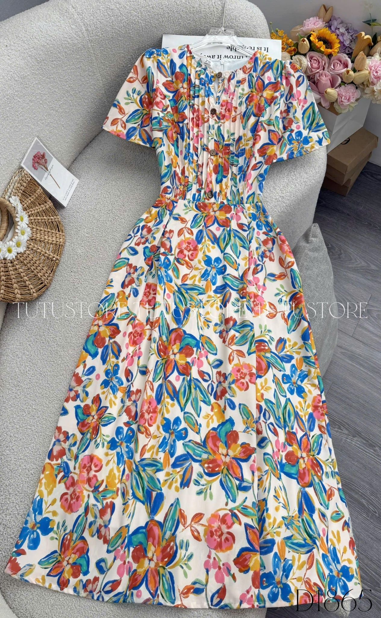Đầm Thiết Kế Cổ Tròn Đính Nút Trước Ngực Dáng Dài Đầm Đi Tiệc TuTu Store Mã D1865