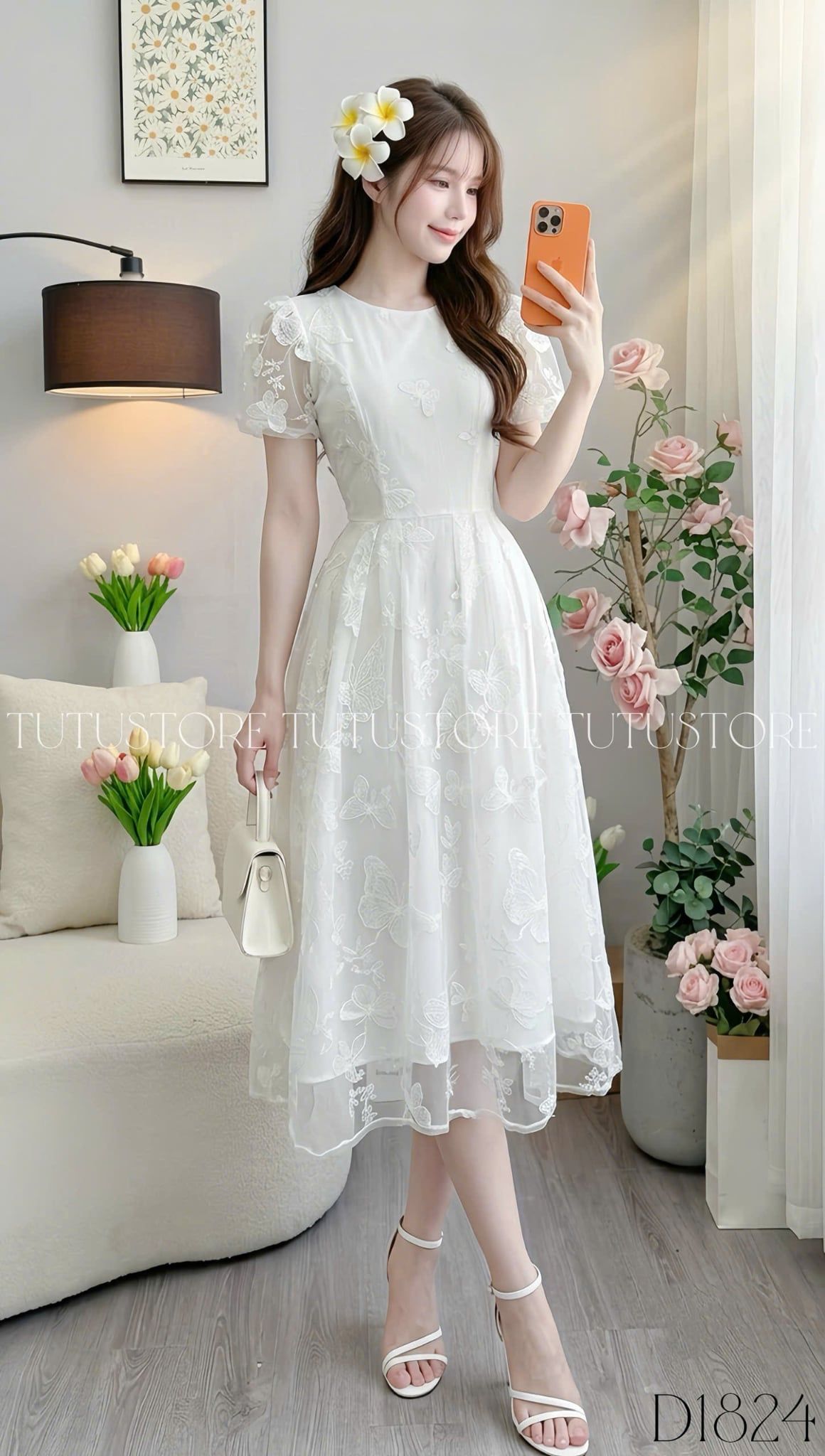 Đầm Thiết Kế Ren Thêu Cổ Tròn Dáng Xòe Đi Chơi TuTu Store Mã D1824