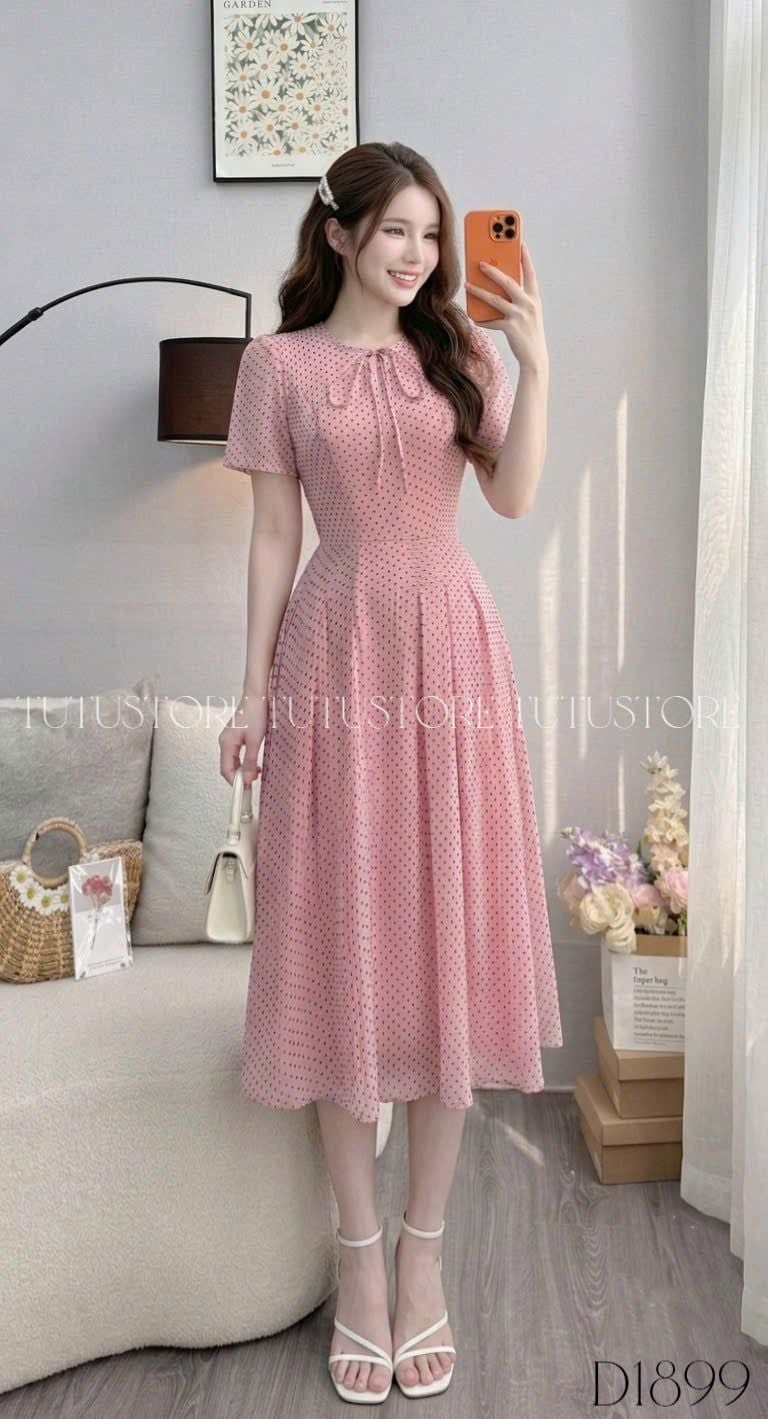 Đầm Thiết Kế Cổ Tròn Dáng Xòe Chấm Bi Đầm Đi Tiệc TuTu Store Mã D1899