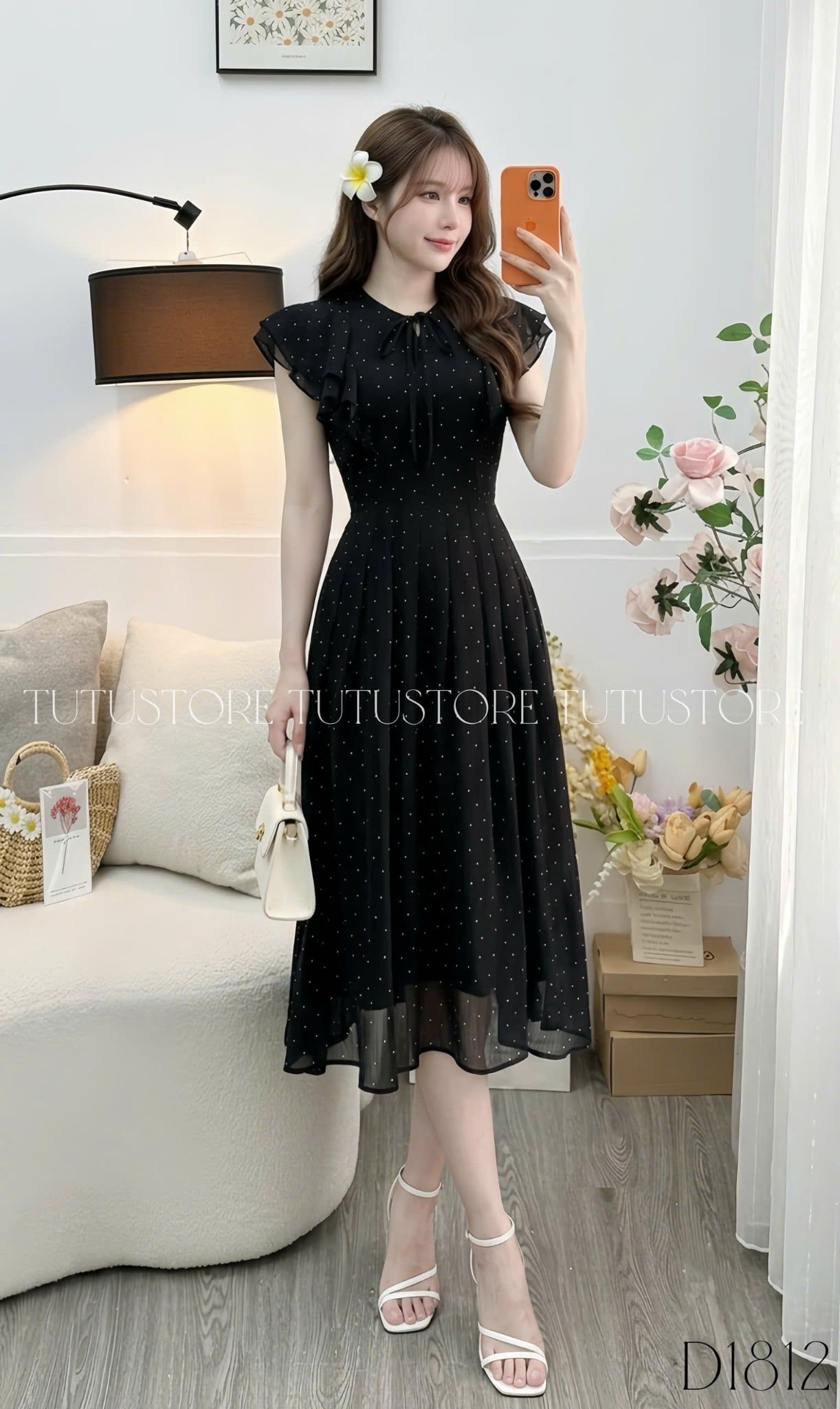 Đầm Thiết Kế Vai Bèo Cánh Tiên Dáng Xòe Chấm Bi Xinh Xắn Đi Chơi TuTu Store mã D1812