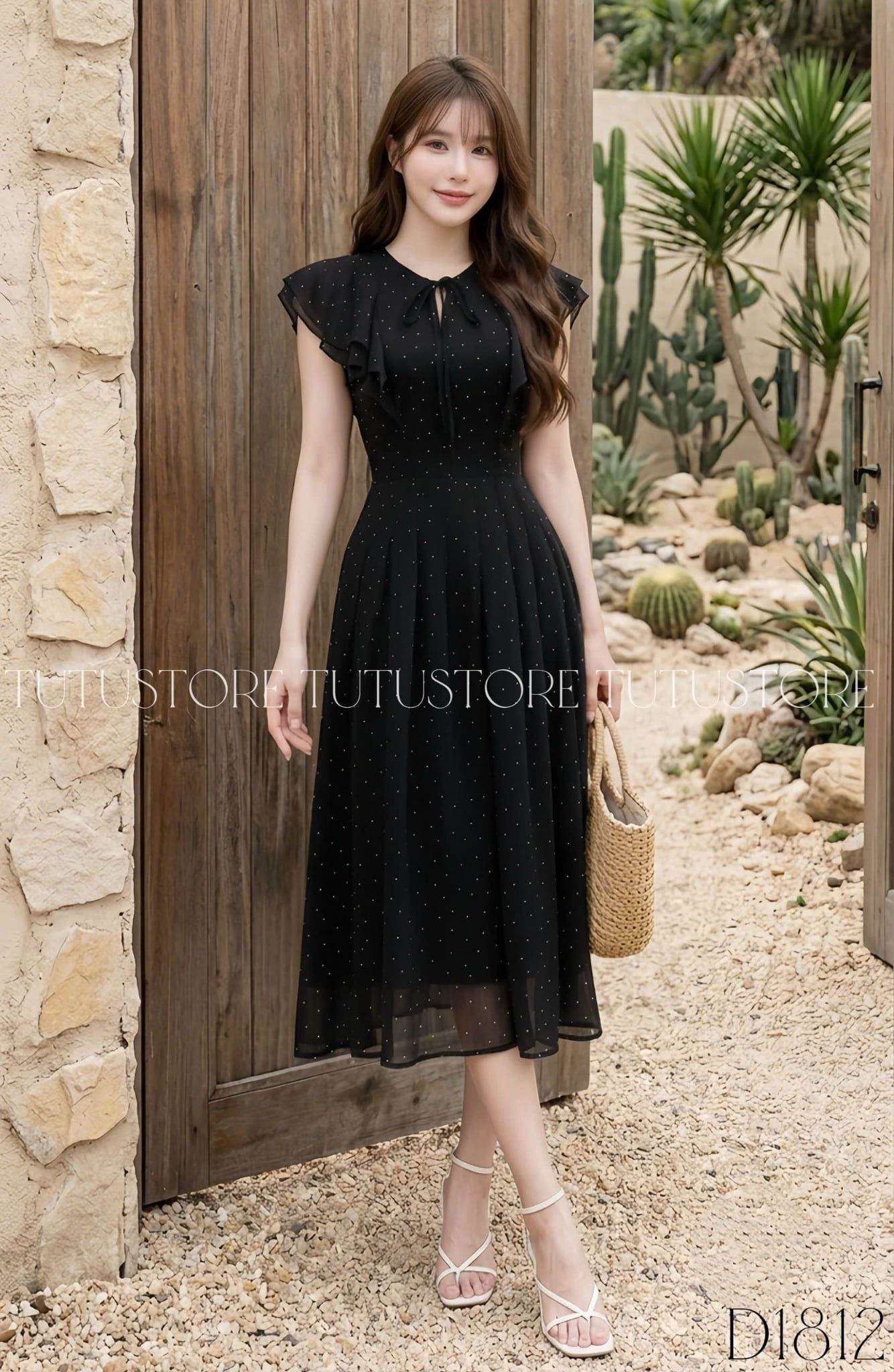 Đầm Thiết Kế Vai Bèo Cánh Tiên Dáng Xòe Chấm Bi Xinh Xắn Đi Chơi TuTu Store mã D1812