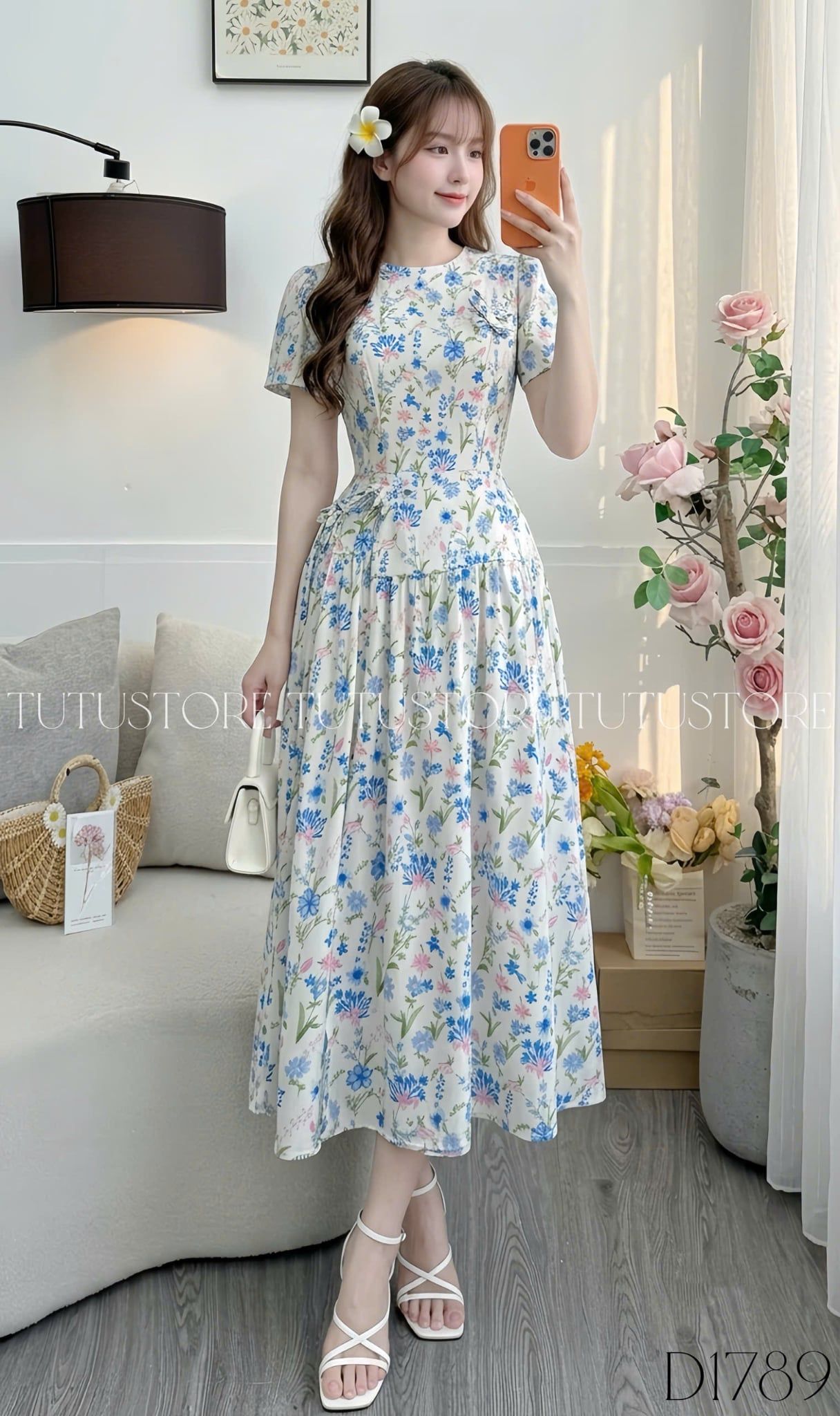 Đầm Hoa Thiết Kế Cổ Tròn Đính Hoa Chiết Eo Đi Chơi TuTu Store Mã D1789