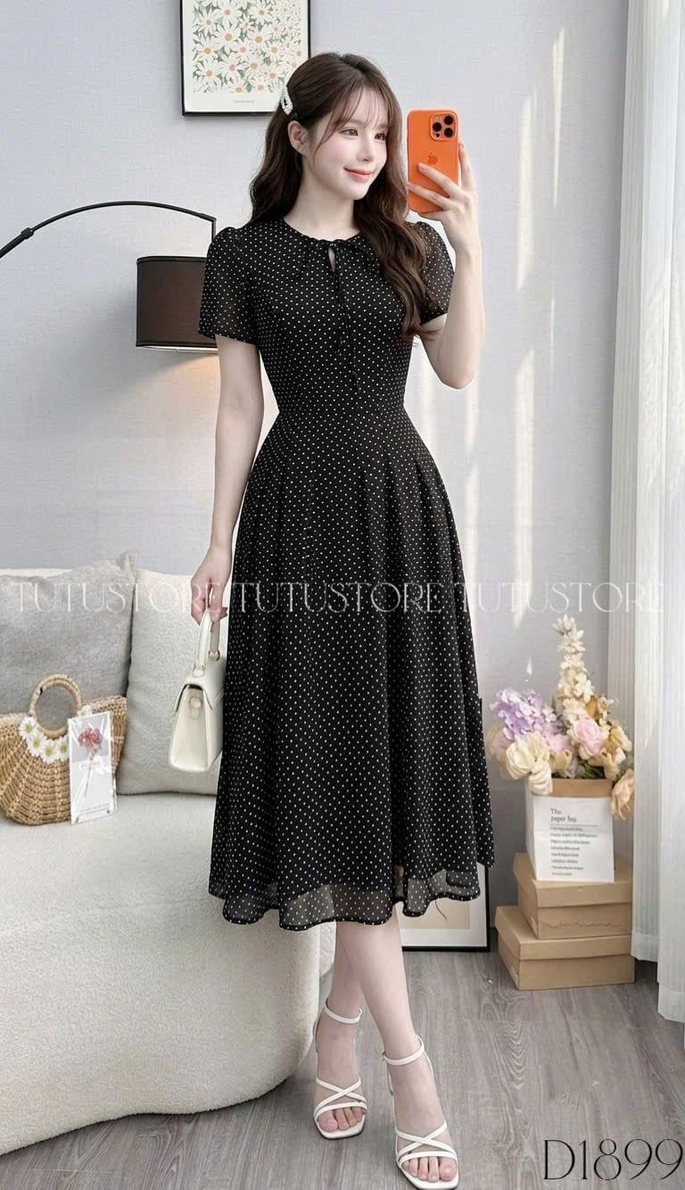 Đầm Thiết Kế Cổ Tròn Dáng Xòe Chấm Bi Đầm Đi Tiệc TuTu Store Mã D1899