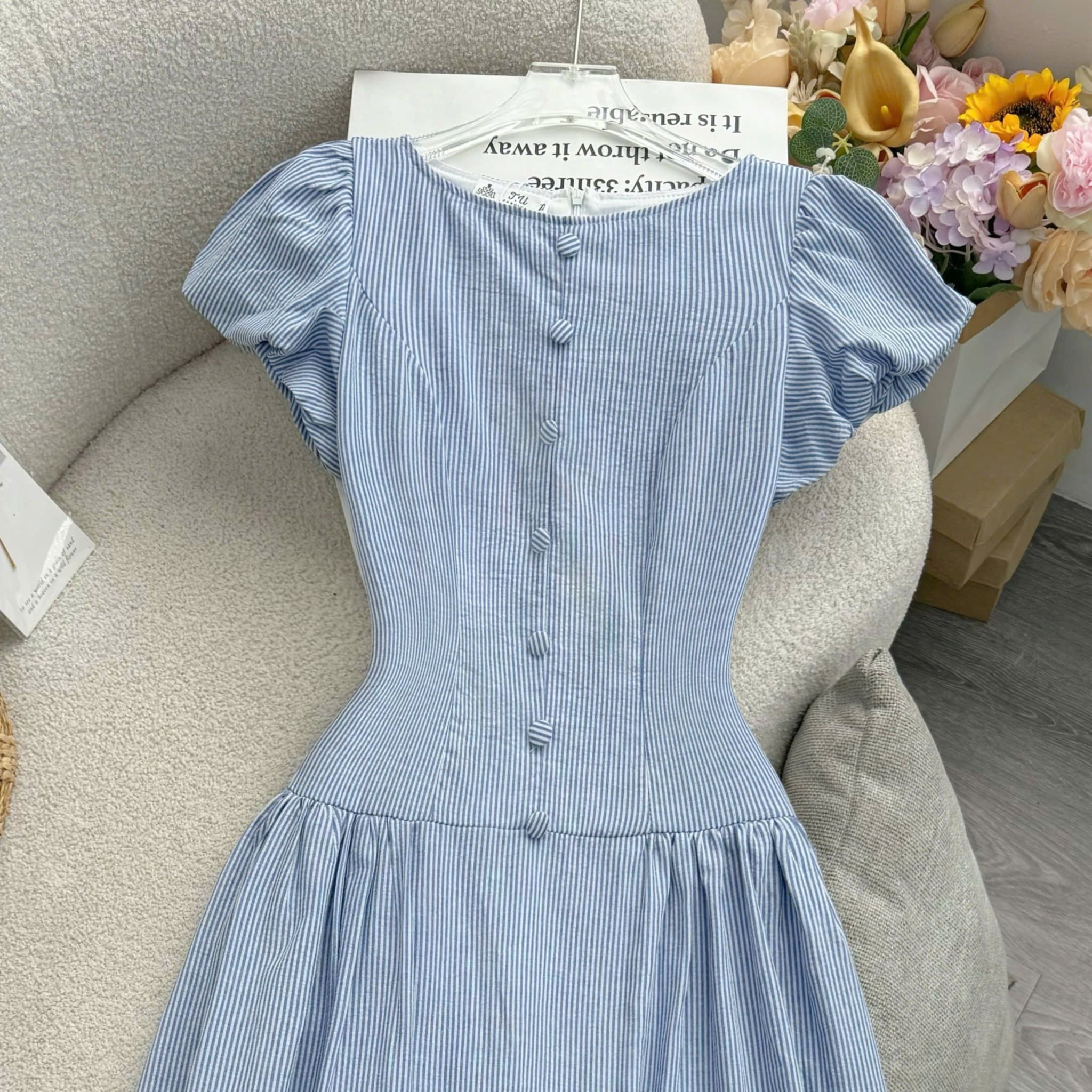 Đầm Thiết Kế Cổ Tròn Tay Bồng Sọc Dáng Xòe Đầm Đi Tiệc TuTu Store Mã D1846