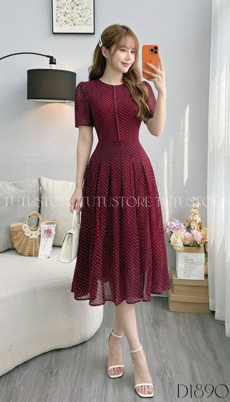 Đầm Thiết Kế Cổ Tròn Dáng Xòe Chấm Bi Đầm Đi Tiệc TuTu Store Mã D1890