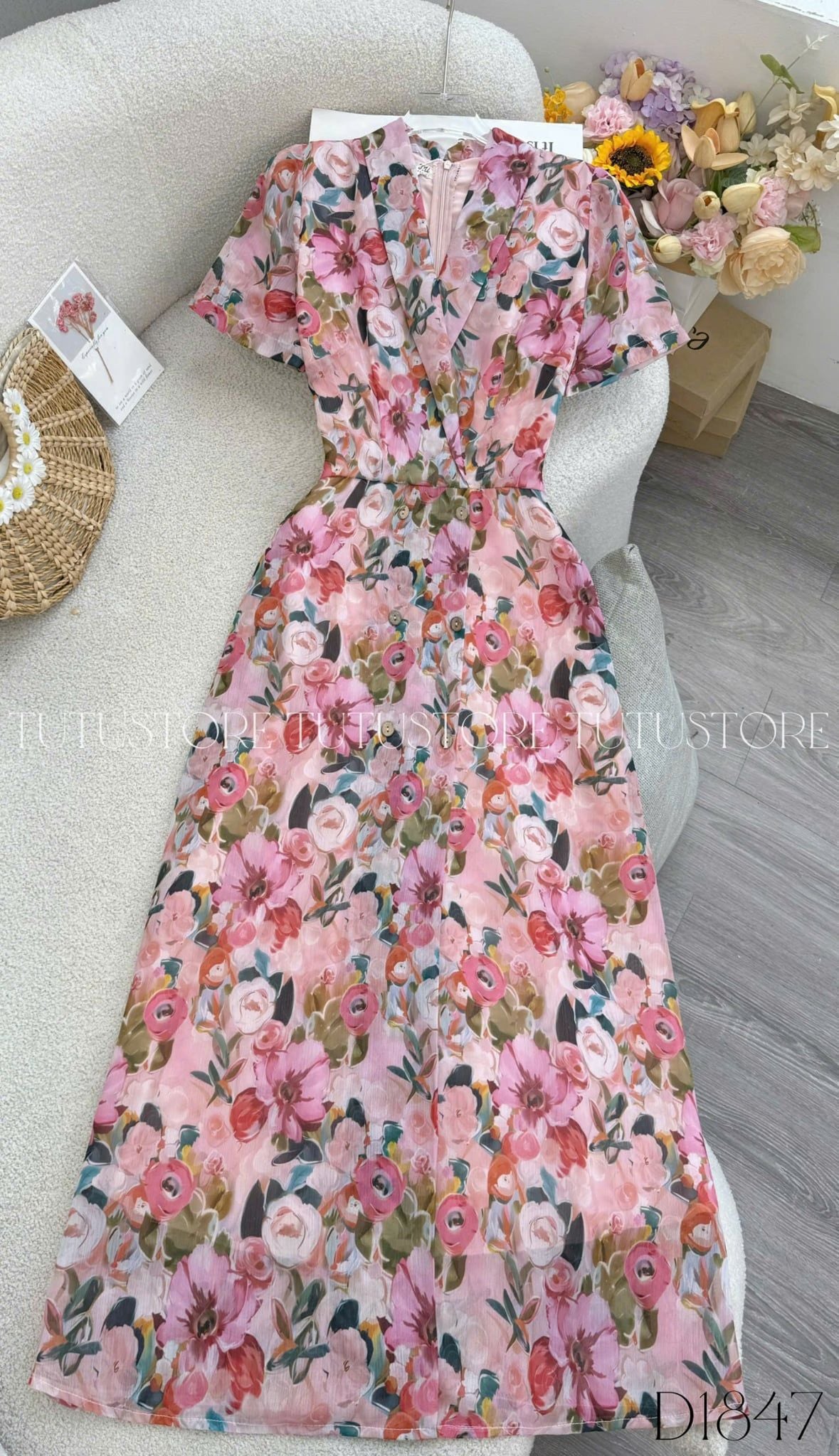 Đầm Hoa Thiết Kế Cổ V Dáng Dài Đầm Đi Tiệc TuTu Store Mã D1847