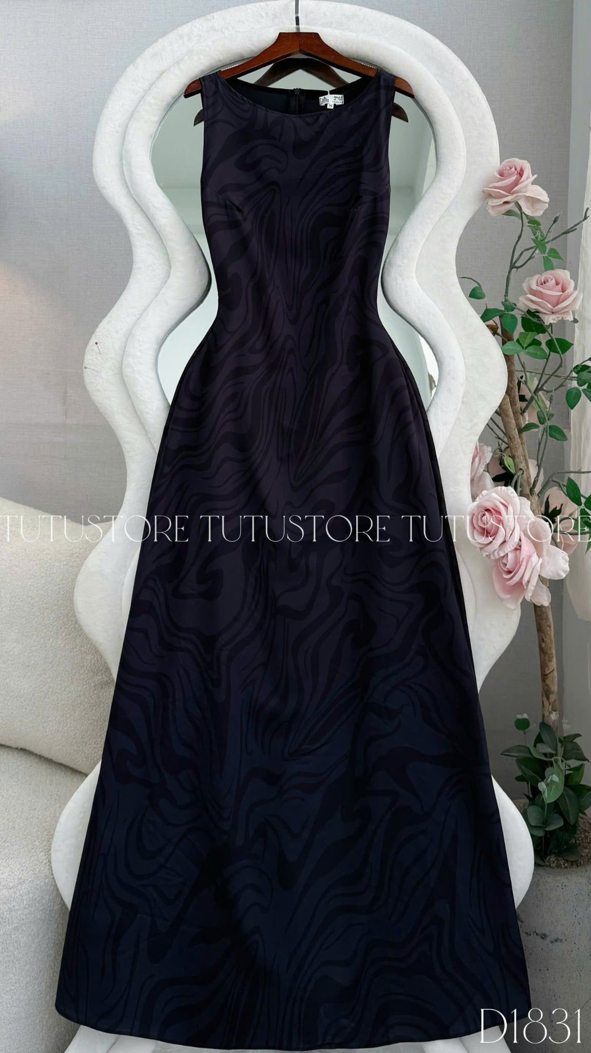 Đầm Thiết Kế Cổ Thuyền Họa Tiết Vân Loang Dáng Dài TuTu Store Mã D1831