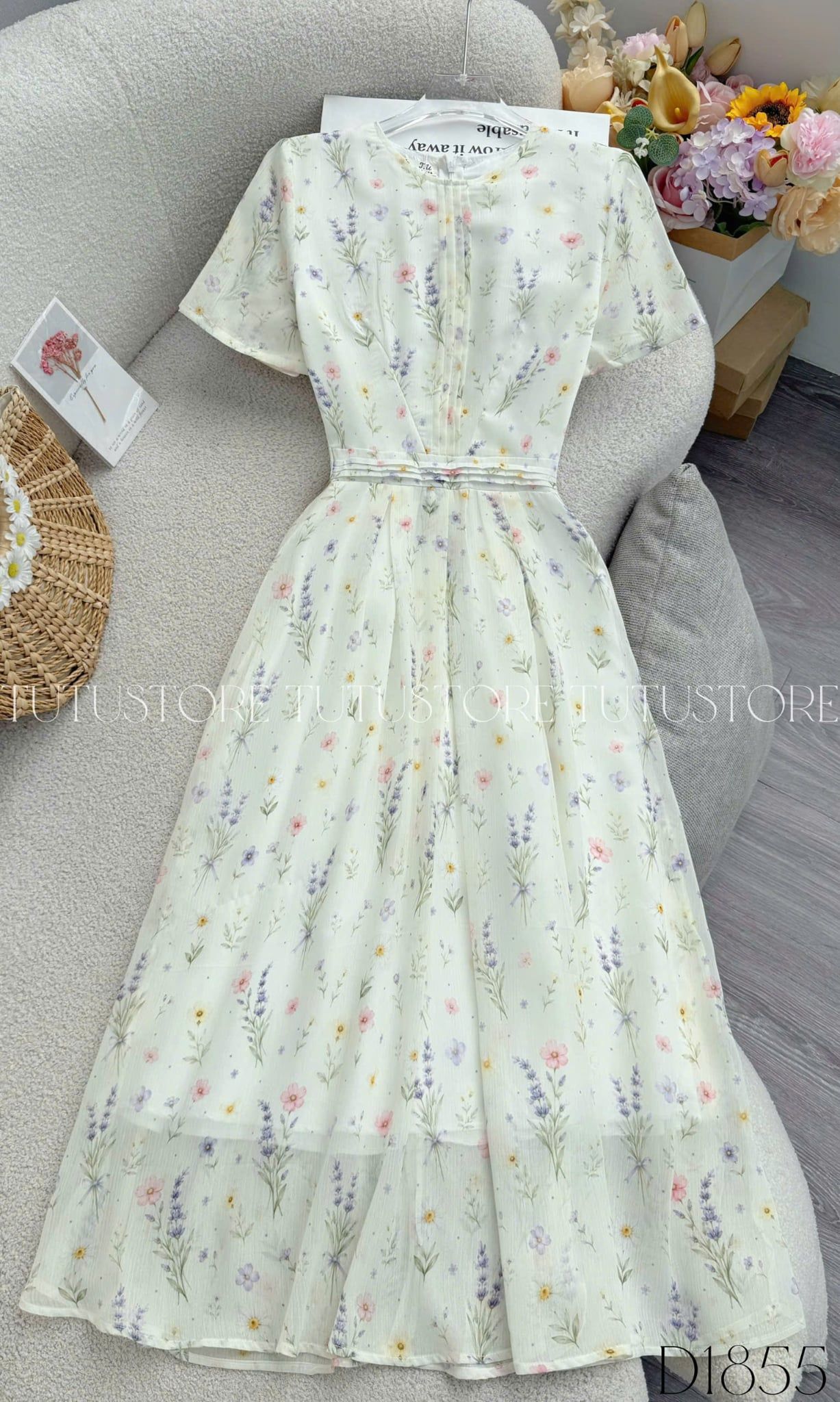 Đầm Thiết Kế Cổ Tròn Dáng Xòe Hoa Nhí Đầm Đi Tiệc TuTu Store Mã D1855