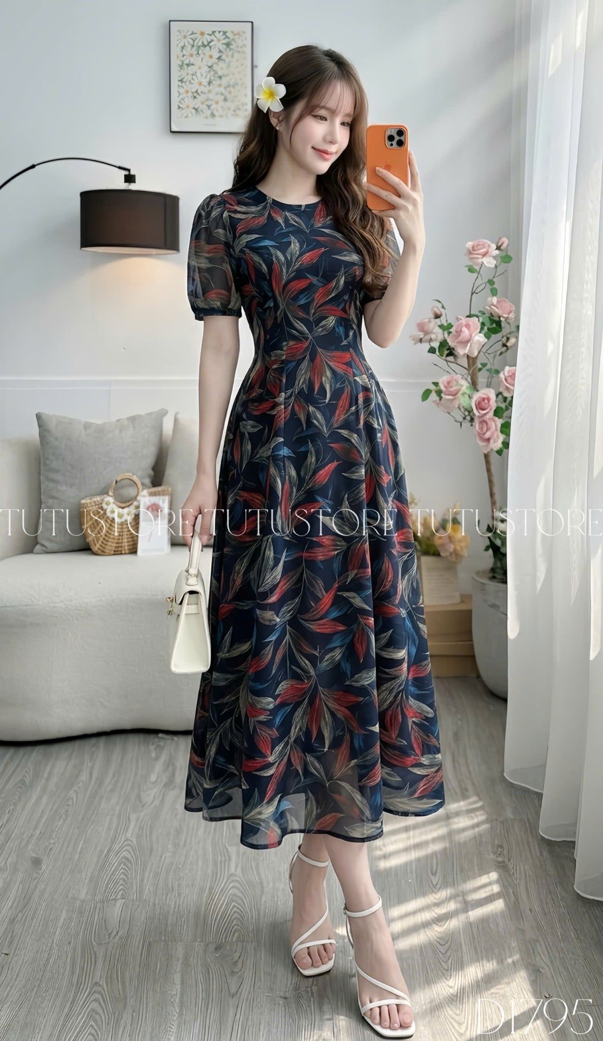 Đầm Thiết Kế Cổ Tròn Họa Tiết Lá Đa Sắc Dáng Xòe Đi Chơi TuTu Store Mã D1795
