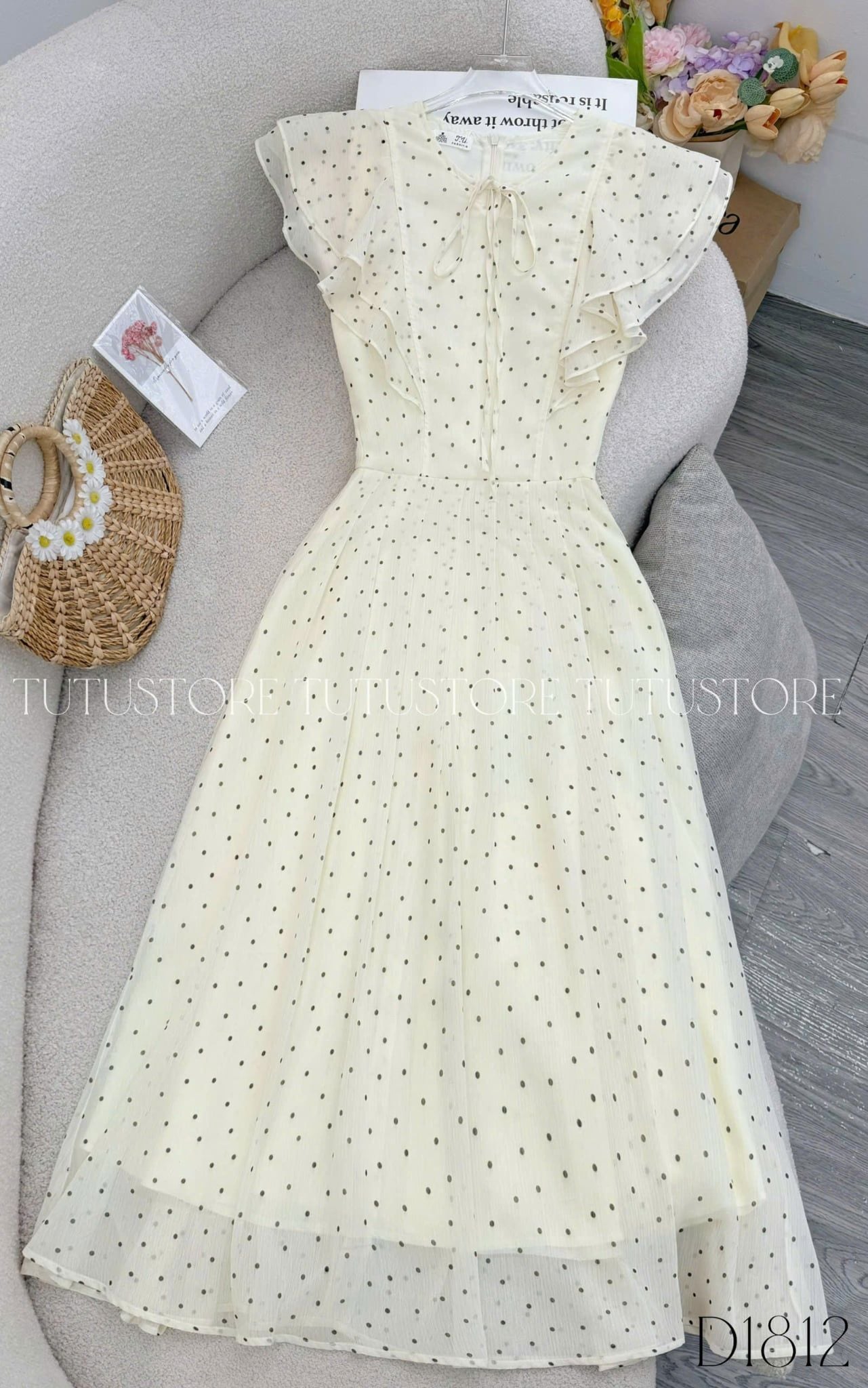 Đầm Thiết Kế Vai Bèo Cánh Tiên Dáng Xòe Chấm Bi Xinh Xắn Đi Chơi TuTu Store mã D1812