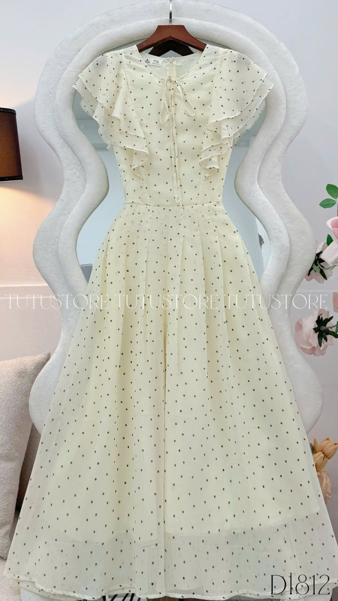 Đầm Thiết Kế Vai Bèo Cánh Tiên Dáng Xòe Chấm Bi Xinh Xắn Đi Chơi TuTu Store mã D1812