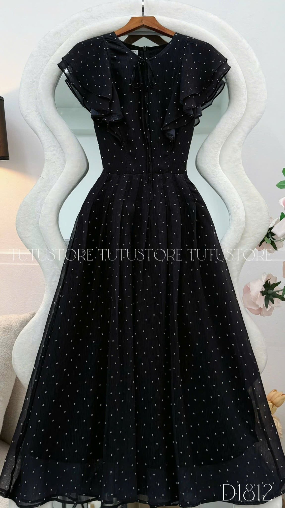 Đầm Thiết Kế Vai Bèo Cánh Tiên Dáng Xòe Chấm Bi Xinh Xắn Đi Chơi TuTu Store mã D1812