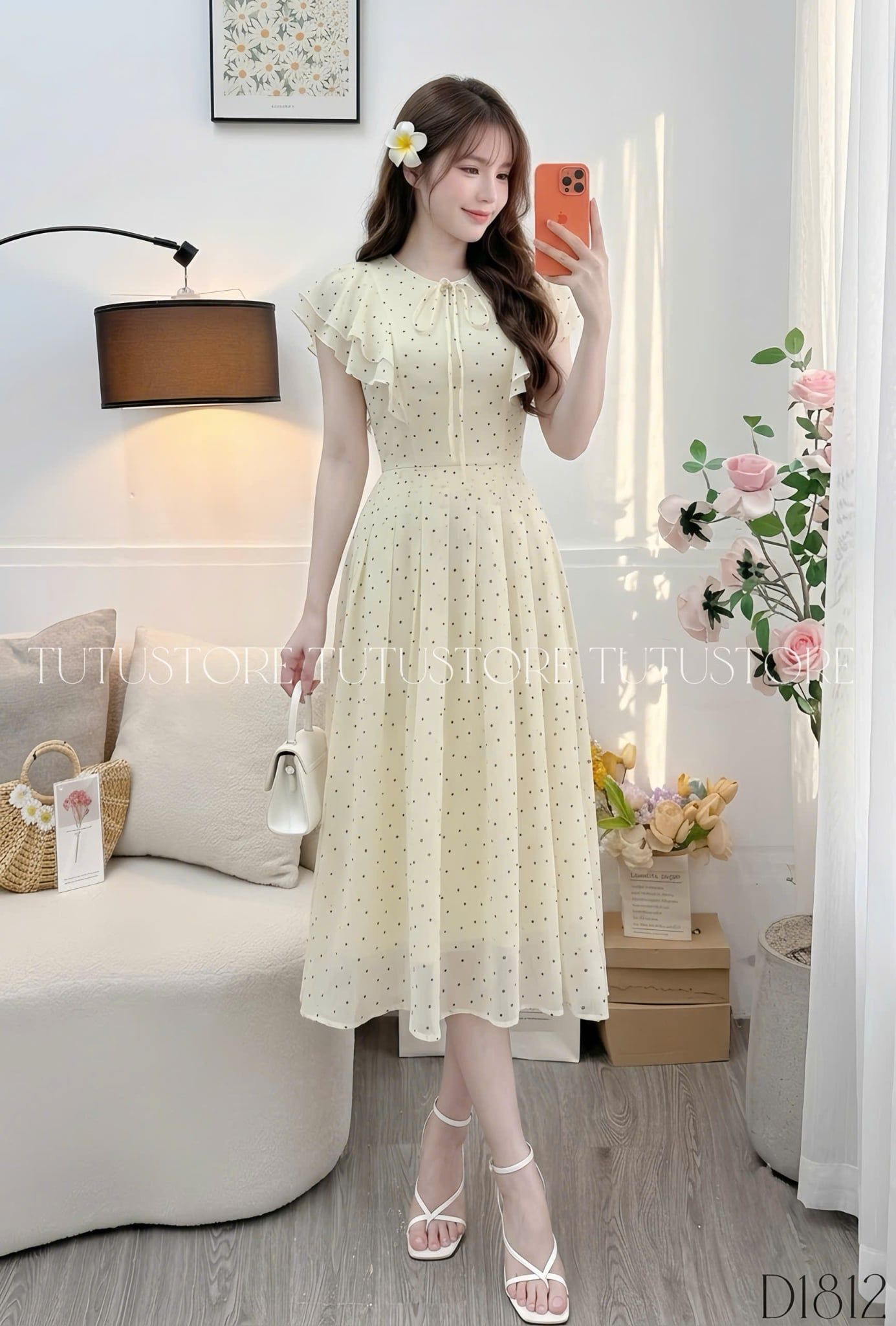 Đầm Thiết Kế Vai Bèo Cánh Tiên Dáng Xòe Chấm Bi Xinh Xắn Đi Chơi TuTu Store mã D1812
