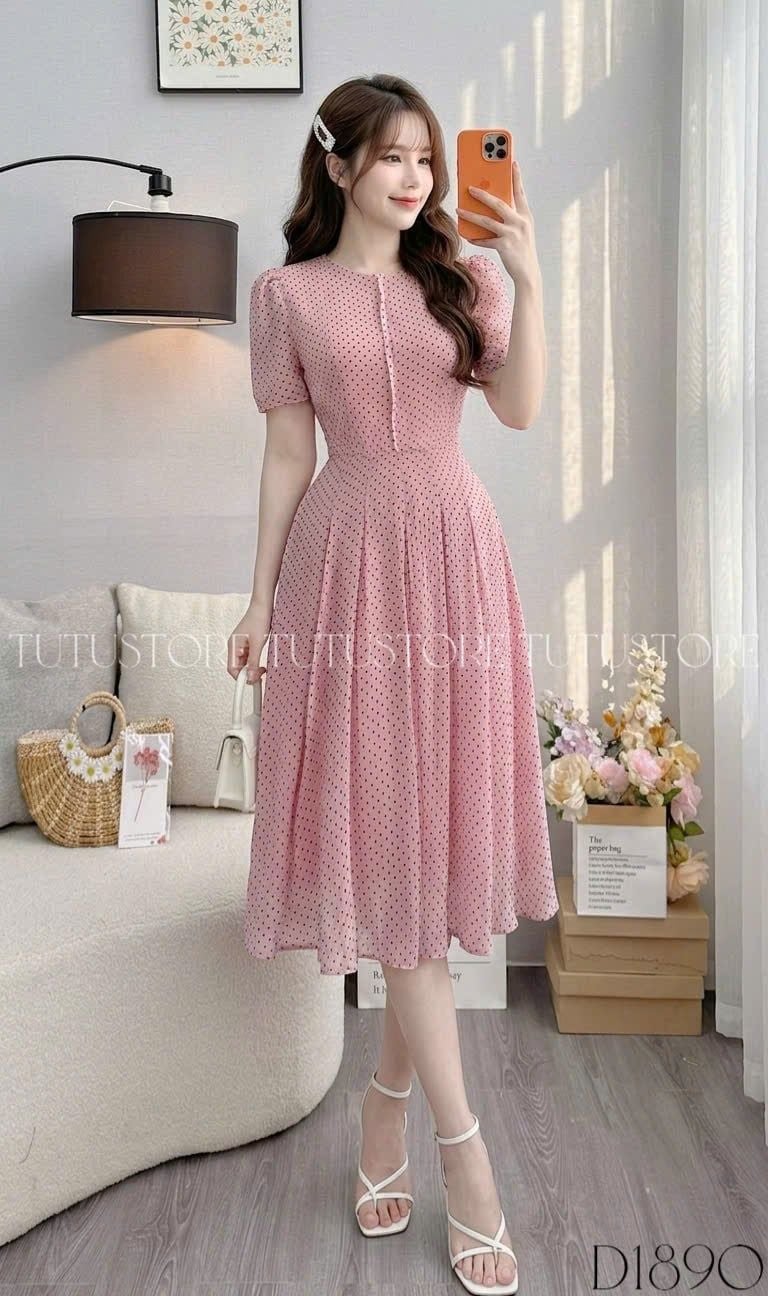 Đầm Thiết Kế Cổ Tròn Dáng Xòe Chấm Bi Đầm Đi Tiệc TuTu Store Mã D1890
