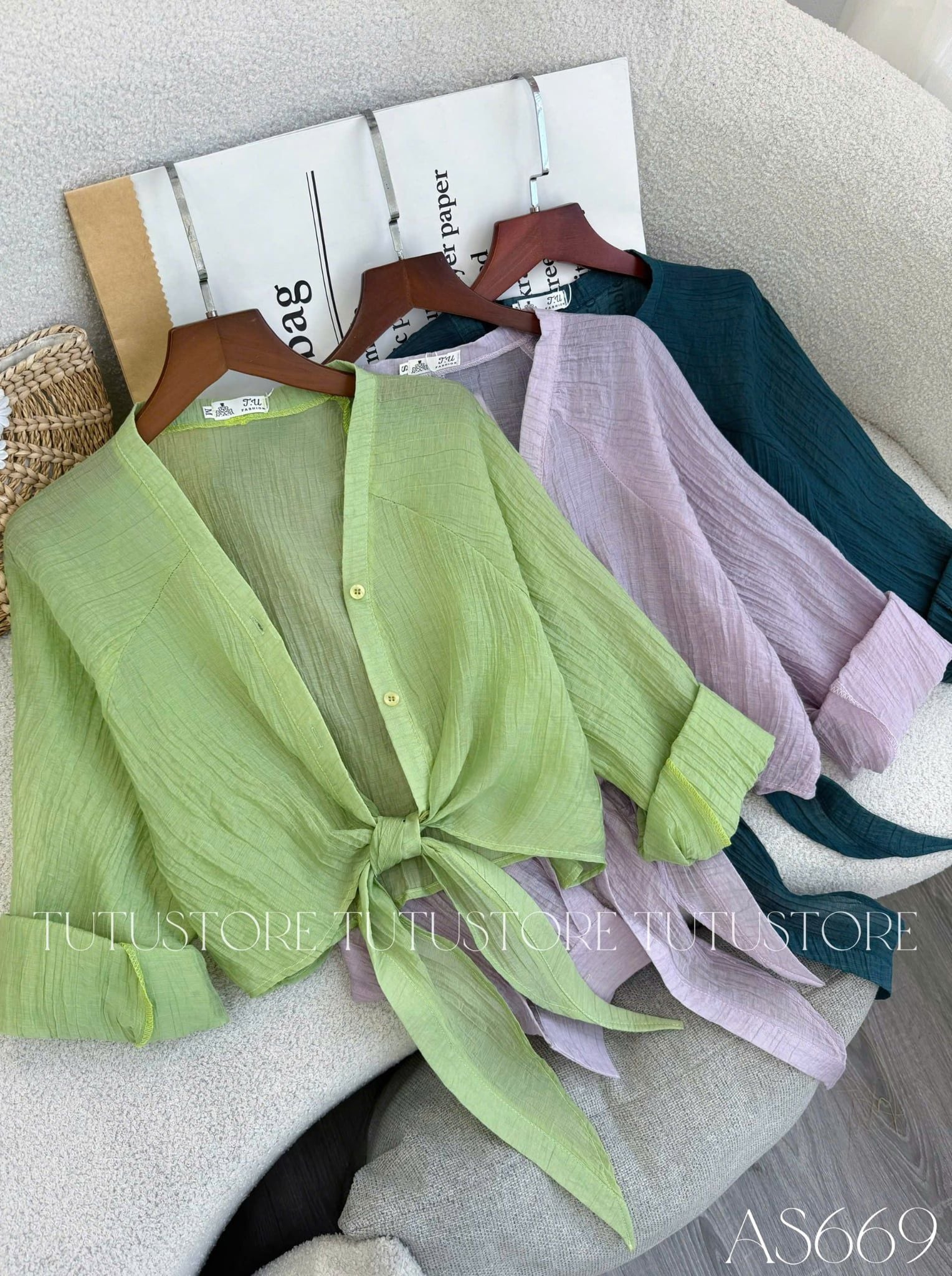 Áo Thiết Kế Kiểu Sơ Mi Mỏng Khoác Ngoài Có Vạt Dài Buộc Eo TuTu Store Mã AS669