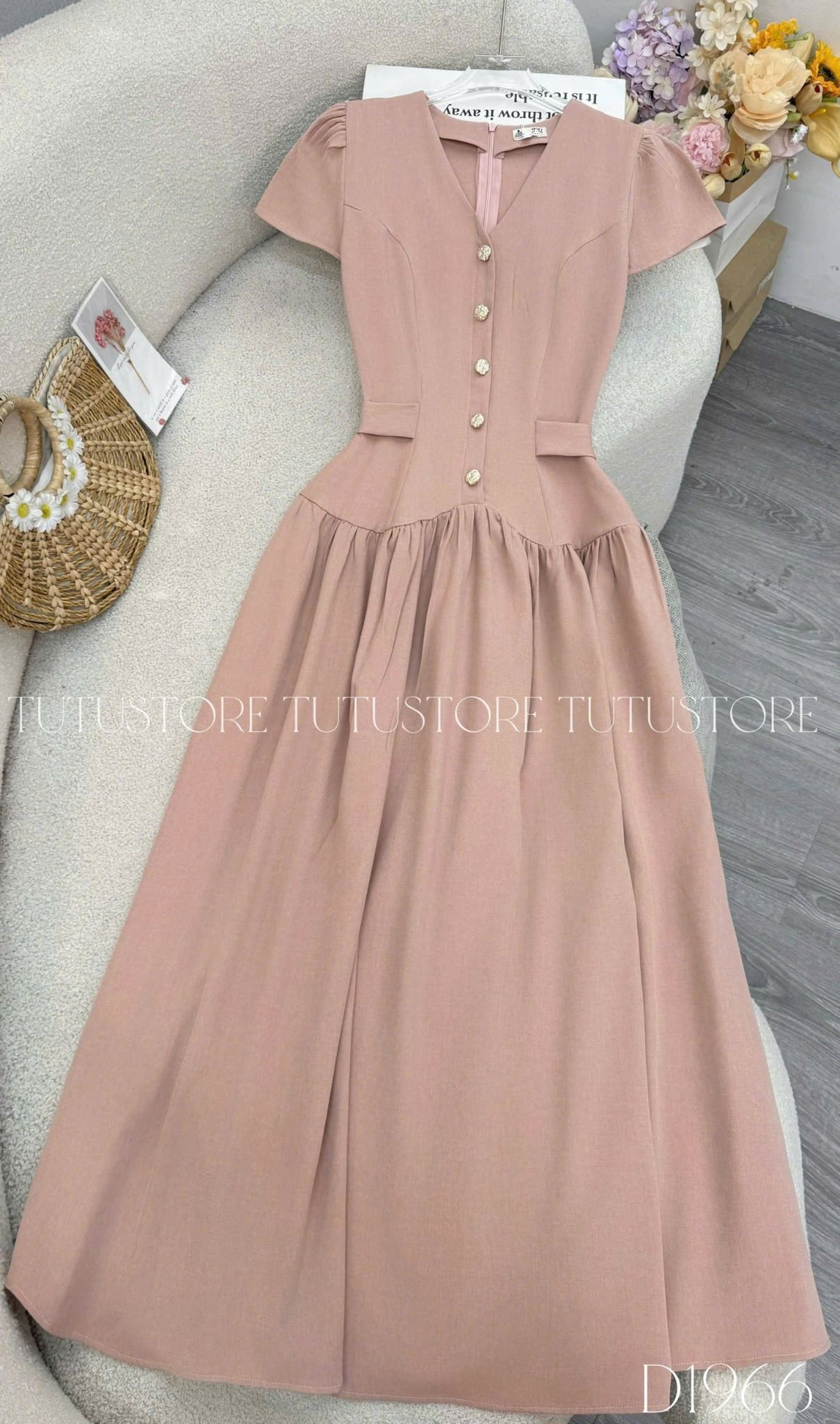 Đầm Thiết Kế Cổ V Dáng Xòe Dính Nút Kèm Thắt Nơ Đi Tiệc TuTu Store Mã D1966