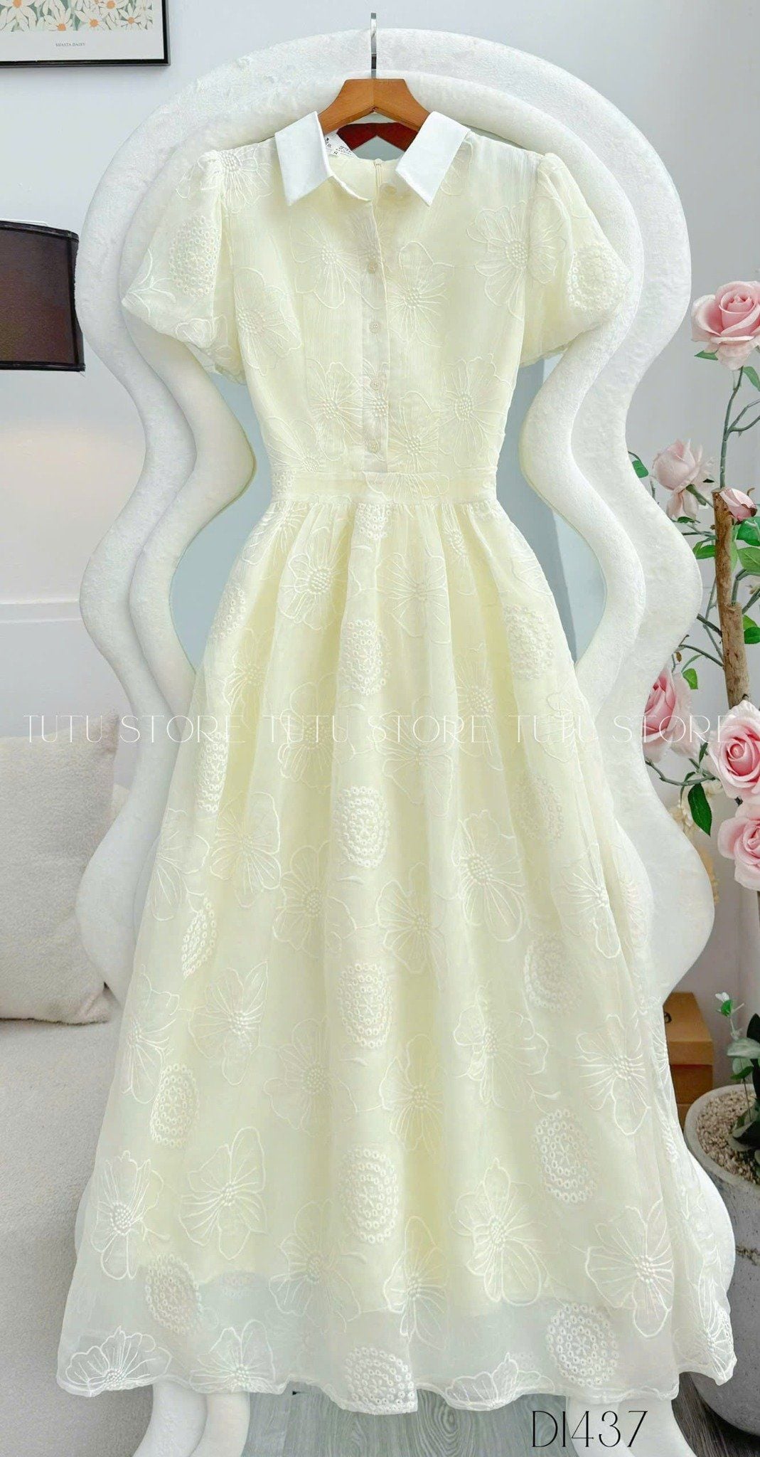 Đầm Tơ Thêu Cổ Sơ Mi Thiết Kế TuTu Store Phù Hợp Đi Chơi Dành Cho Nữ - Mã D1437