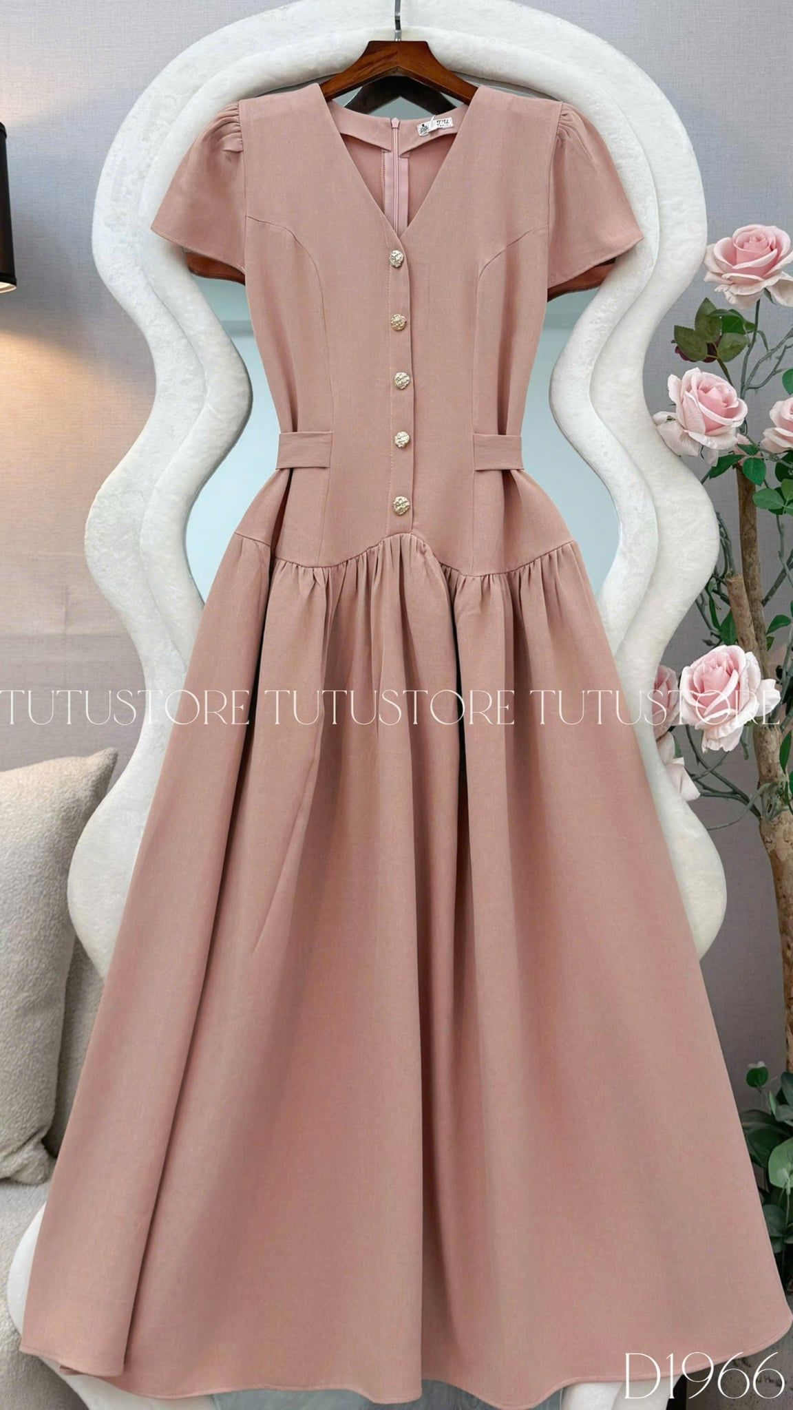 Đầm Thiết Kế Cổ V Dáng Xòe Dính Nút Kèm Thắt Nơ Đi Tiệc TuTu Store Mã D1966
