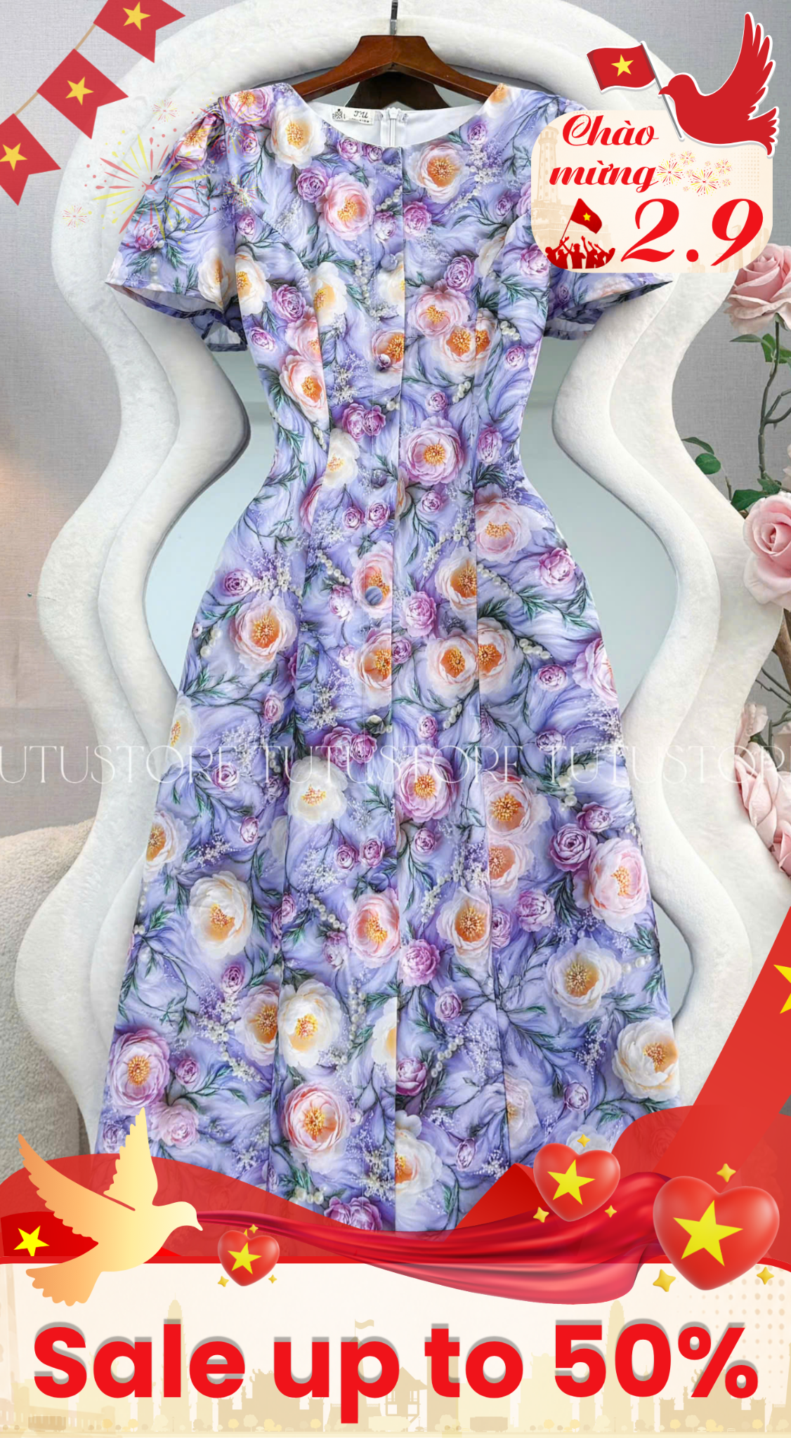Đầm Thiết Kế Cổ Tròn Dáng Chữ A Họa Tiết Hoa 3D Đầm Đi Tiệc TuTu Store Mã D1857