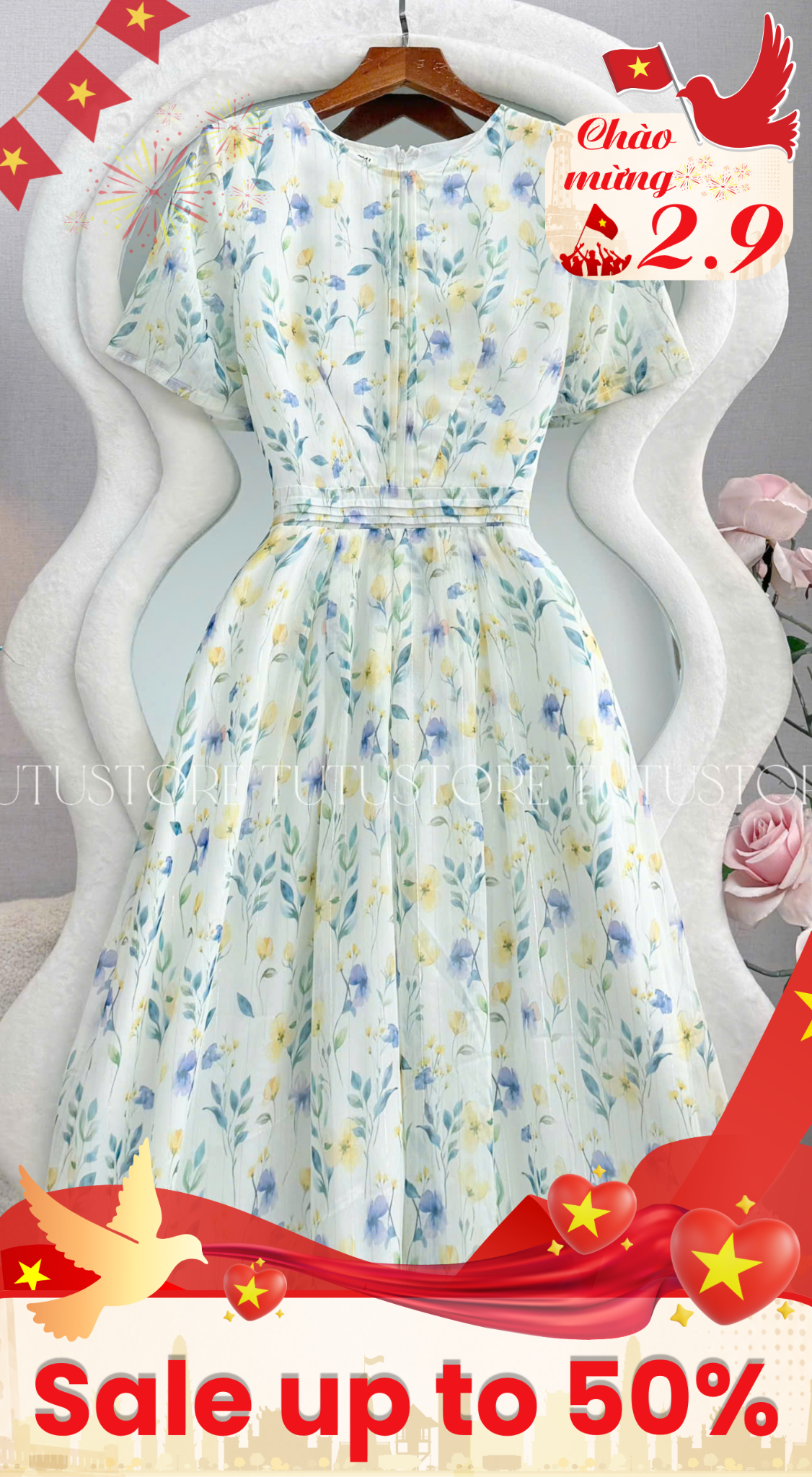 Đầm Thiết Kế Cổ Tròn Dáng Xòe Hoa Nhí Đầm Đi Tiệc TuTu Store Mã D1855