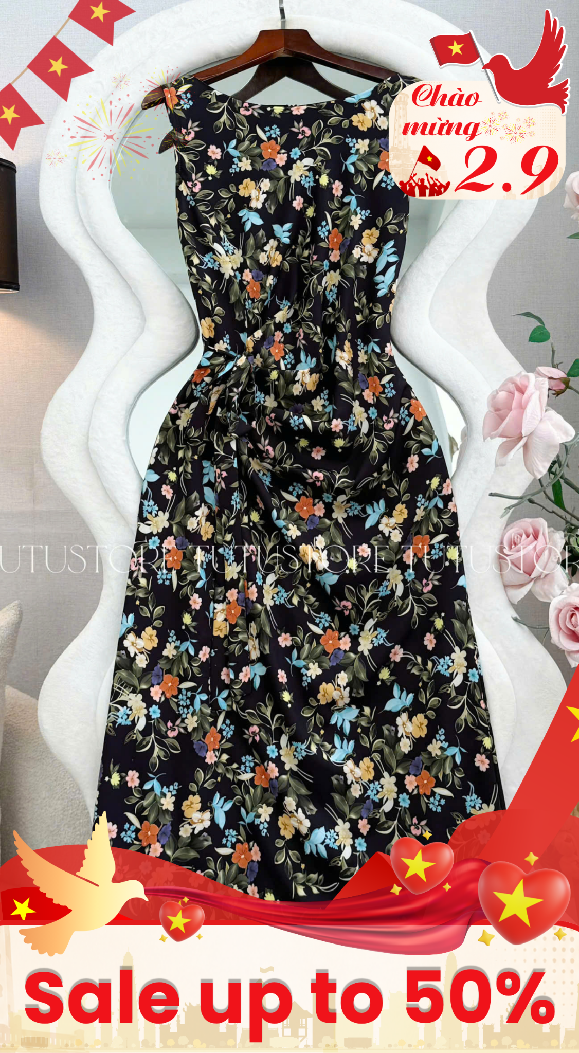 Đầm Thiết Kế Cổ Thuyền Có Dây Buộc Nhấn Eo Hoa Nhí Đầm Đi Tiệc TuTu Store Mã D1877