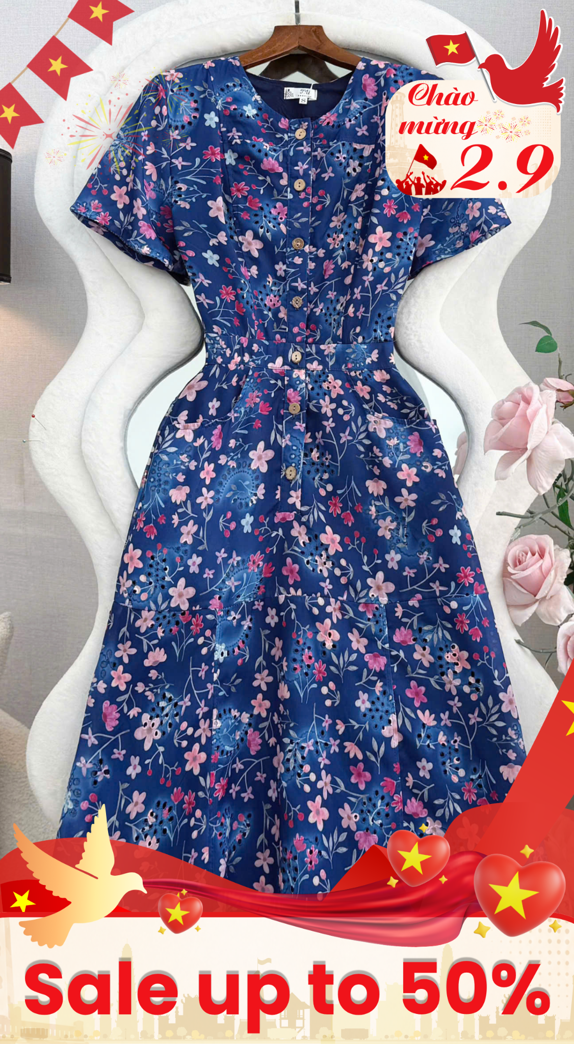 Đầm Thiết Kế Cổ Tròn Dáng Xòe Đính Nút  Hoa Nhí Đầm Đi Tiệc TuTu Store Mã D1879
