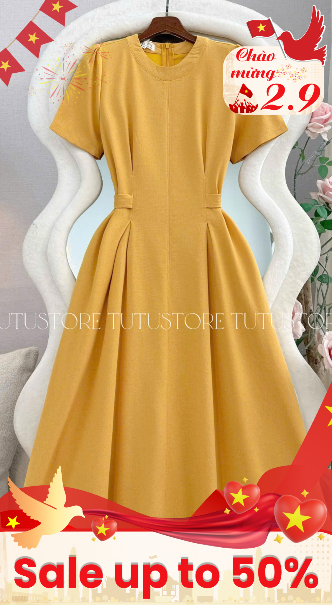 Đầm Thiết Kế Cổ Tròn Dán Xòe Có Dây Buộc Eo Đầm Đi Tiệc TuTu Store Mã D1896