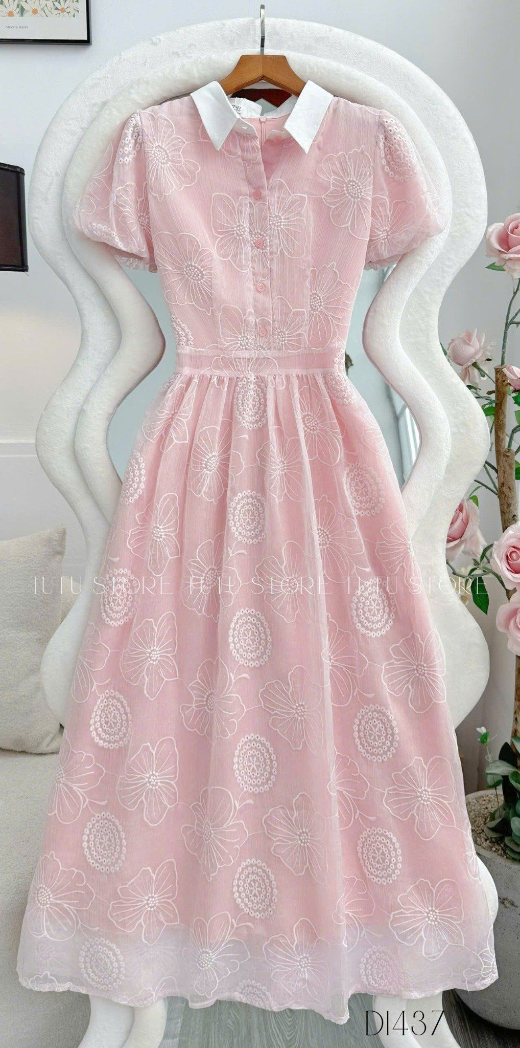 Đầm Tơ Thêu Cổ Sơ Mi Thiết Kế TuTu Store Phù Hợp Đi Chơi Dành Cho Nữ - Mã D1437