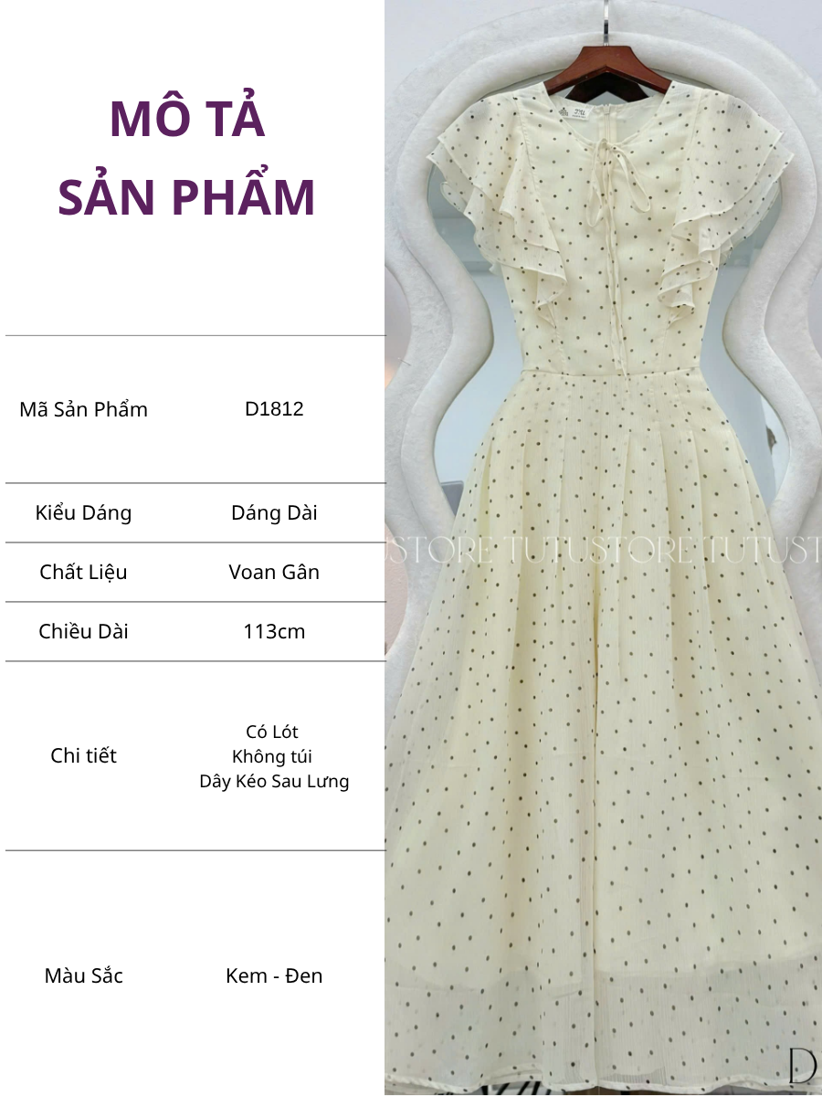 Đầm Thiết Kế Vai Bèo Cánh Tiên Dáng Xòe Chấm Bi Xinh Xắn Đi Chơi TuTu Store mã D1812