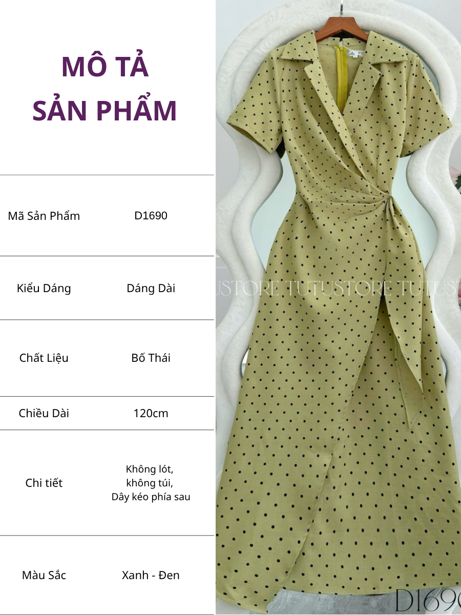 Đầm Thiết Kế Vạt Chéo Cổ V Chấm Bi Dáng Dài Đi Chơi TuTu Store Mã D1690