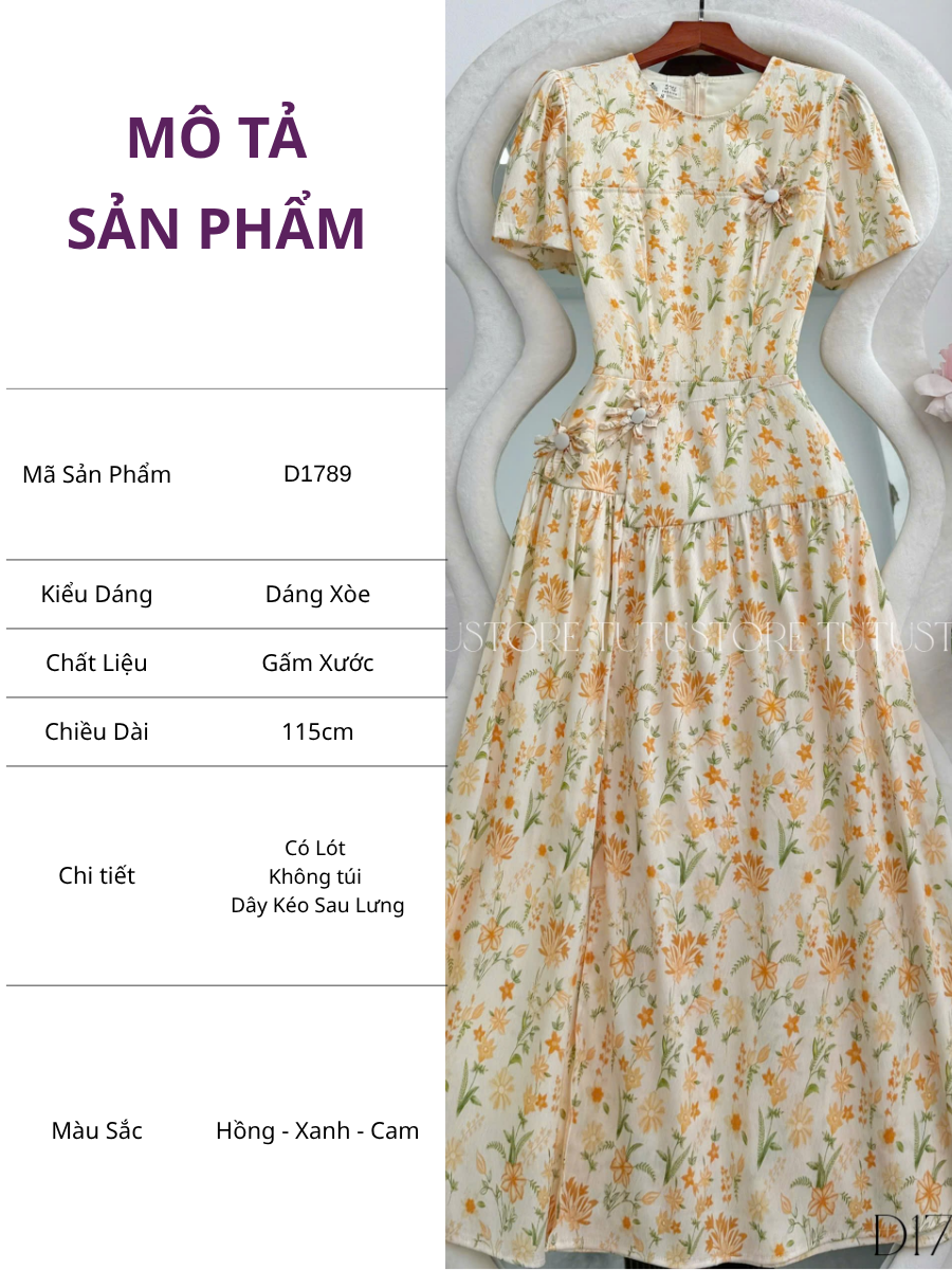 Đầm Hoa Thiết Kế Cổ Tròn Đính Hoa Chiết Eo Đi Chơi TuTu Store Mã D1789