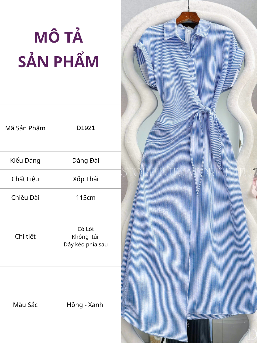 Đầm Thiết Kế Buộc Eo Cổ Áo Sơ Mi Kẻ Sọc Dáng Dài Đi Tiệc TuTu Store Mã D1921